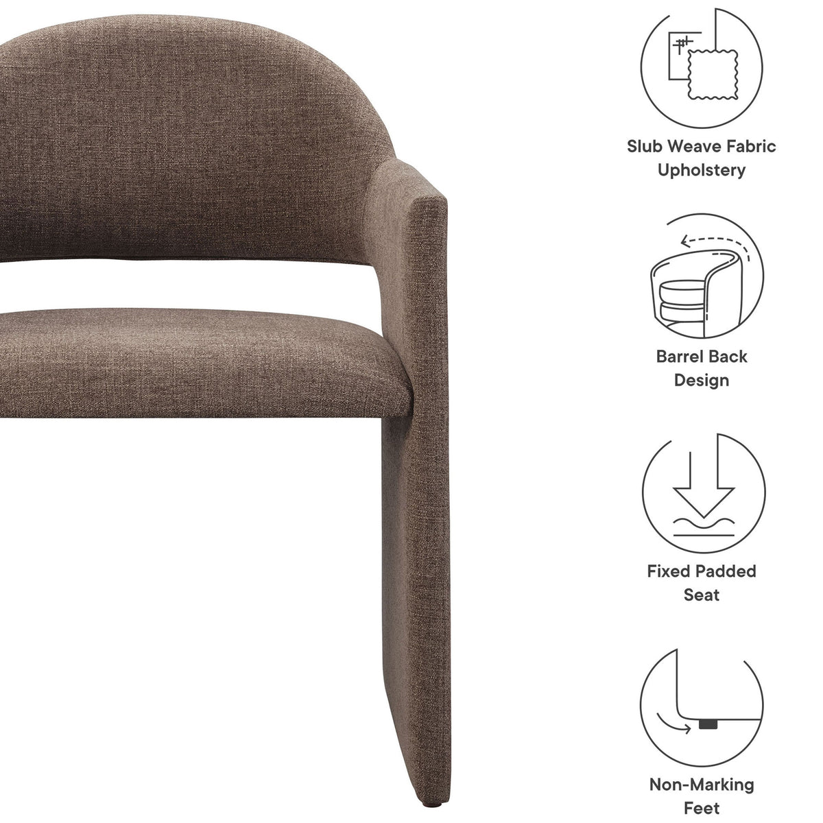 Mocha dining armchair with icons highlighting slub weave upholstery, barrel back, padded seat, and non-marking feet || EEI-7082-MOC || callout_studio