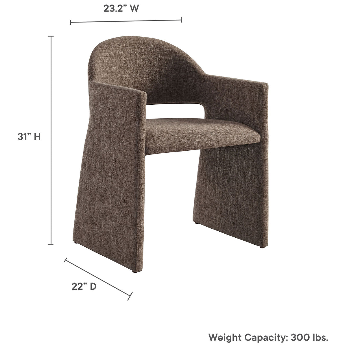 Mocha dining armchair with overlay dimensions indicating width, depth, height, and 300 pound weight capacity || EEI-7082-MOC || dimension_studio