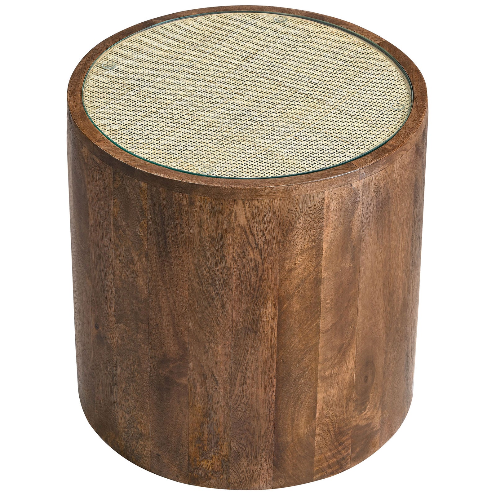 Round walnut side table showcasing the circular cane inlay and clear glass top || EEI-7085-WAL || top_angle_studio