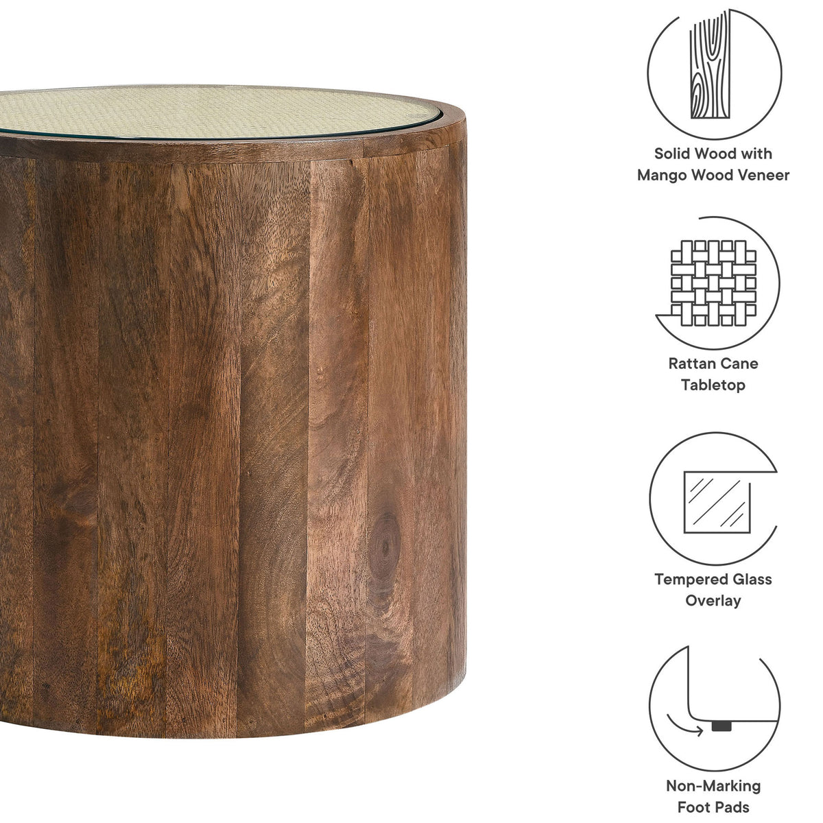 Walnut drum side table with feature icons for mango wood veneer, cane top, glass, and foot pads || EEI-7085-WAL || callout_studio