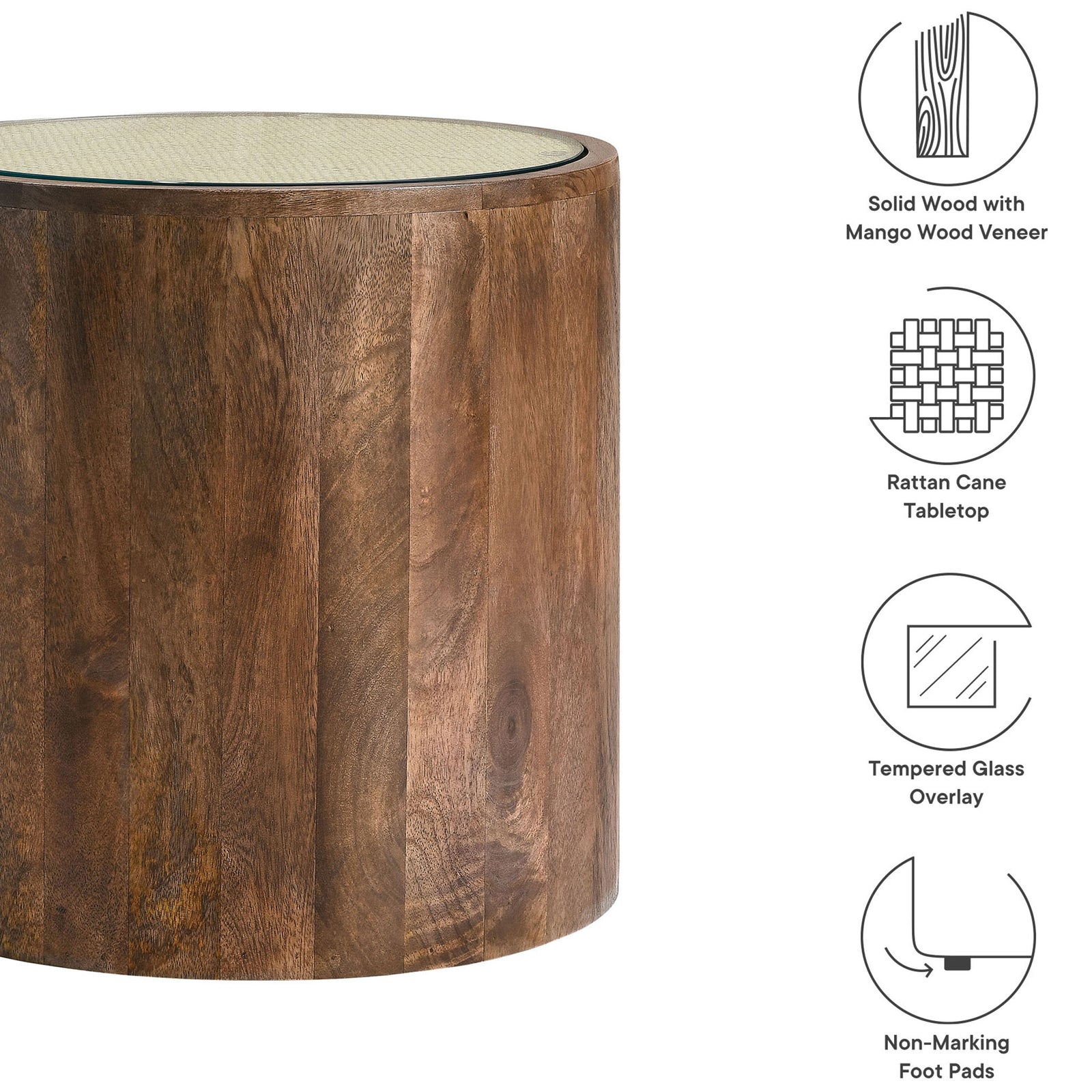 Walnut drum side table with feature icons for mango wood veneer, cane top, glass, and foot pads || EEI-7085-WAL || callout_studio