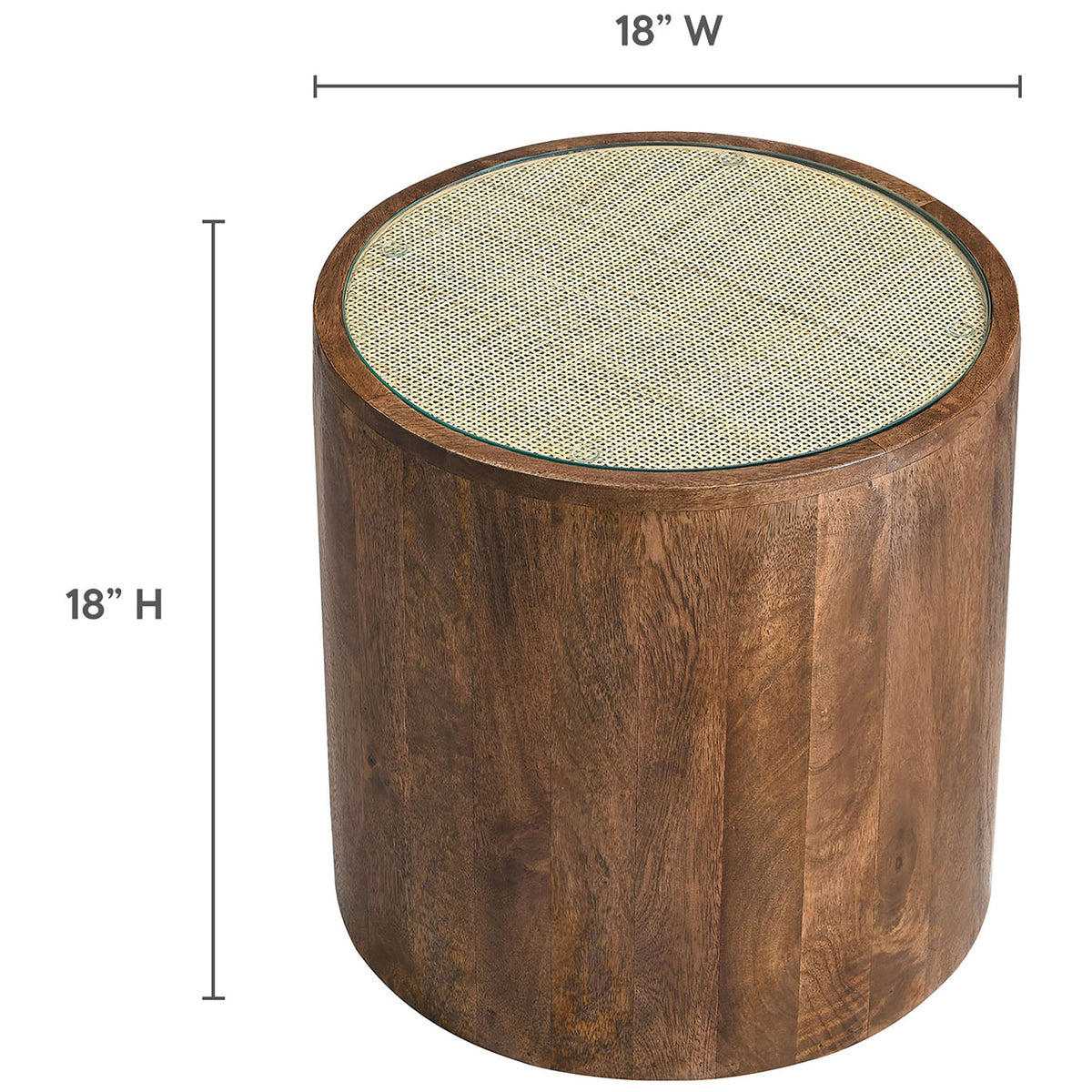 Round walnut side table with dimensions showing 18 inch width and 18 inch height || EEI-7085-WAL || dimension_studio