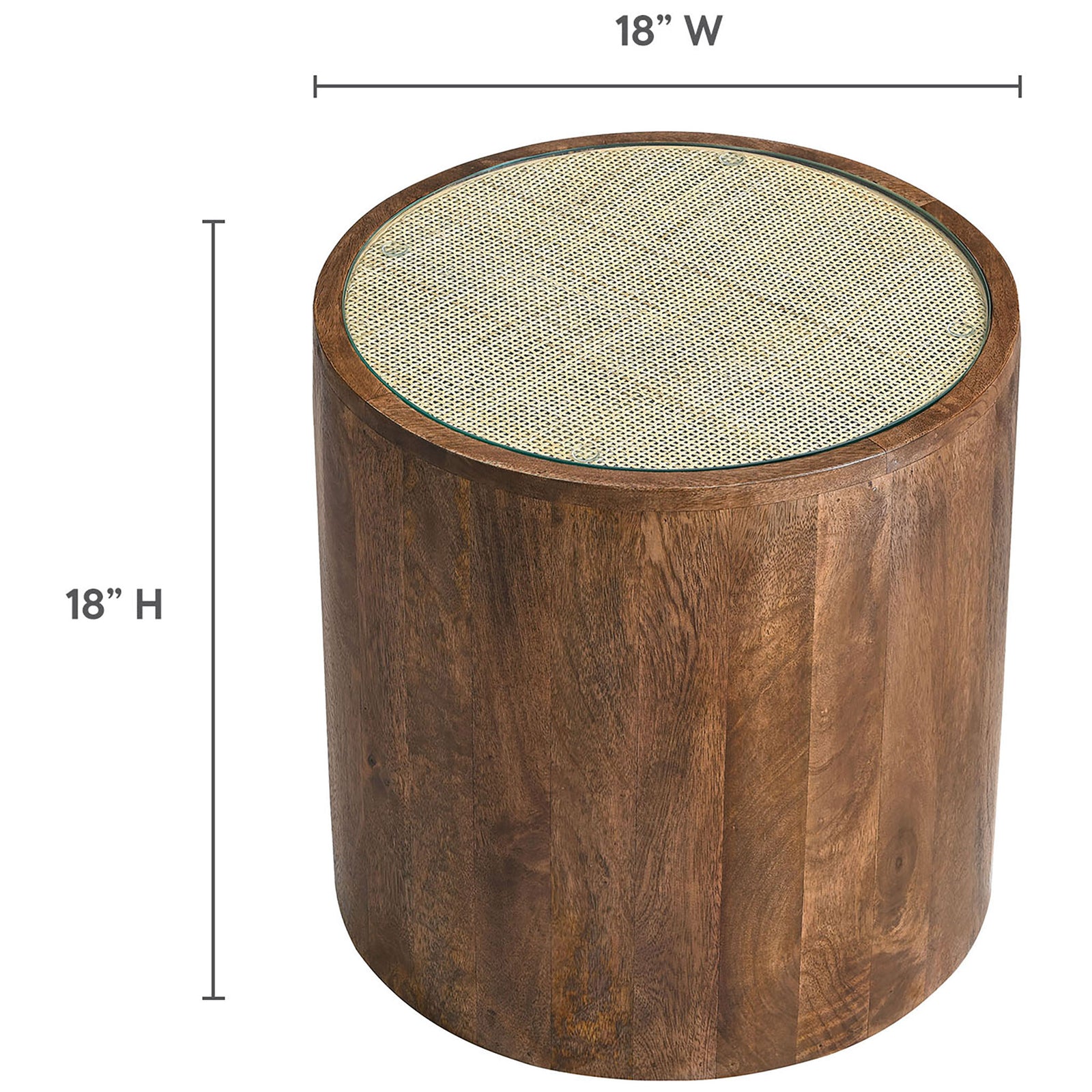 Round walnut side table with dimensions showing 18 inch width and 18 inch height || EEI-7085-WAL || dimension_studio