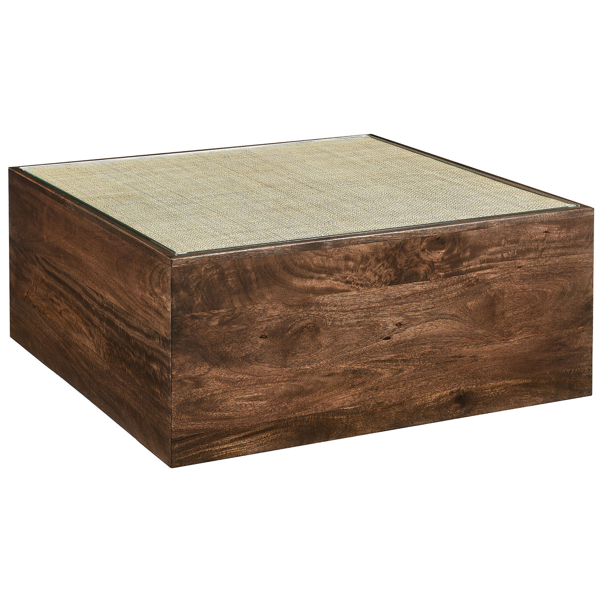 Block-style mango wood coffee table in warm walnut with textured cane under glass || EEI-7086-WAL || front_angle_studio