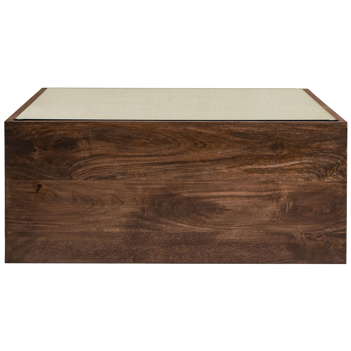 Square walnut coffee table with rattan cane top set beneath clear tempered glass || EEI-7086-WAL || front_studio