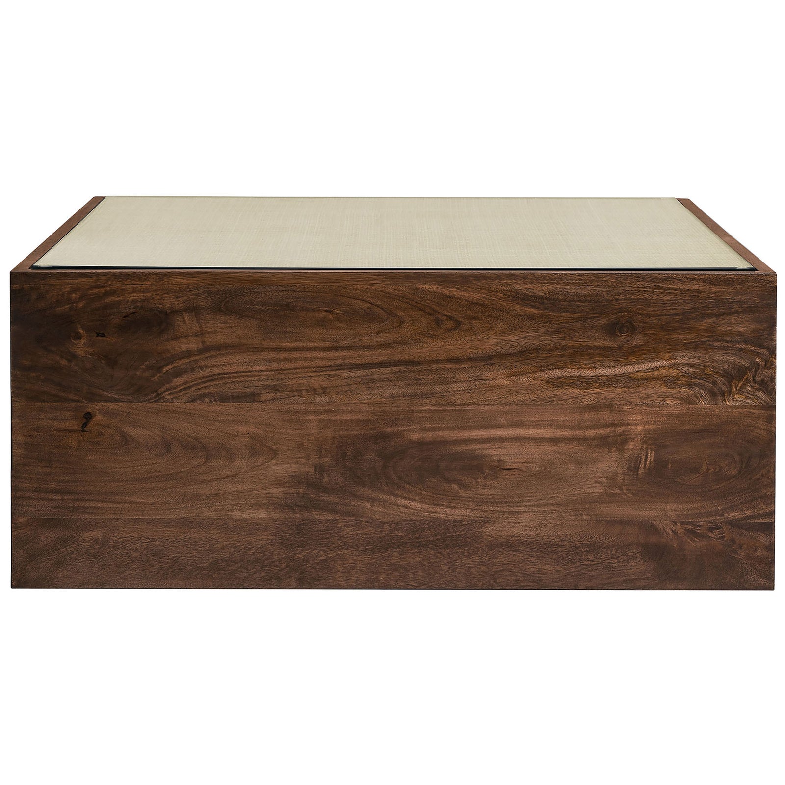 Square walnut coffee table with rattan cane top set beneath clear tempered glass || EEI-7086-WAL || front_studio