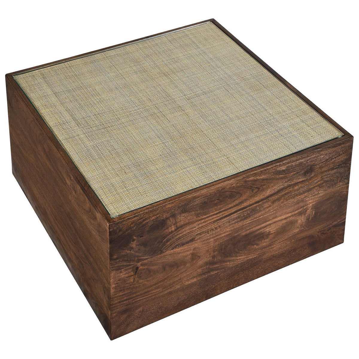 Tempered glass surface reveals woven rattan cane for airy texture and easy cleaning || EEI-7086-WAL || top_angle_studio