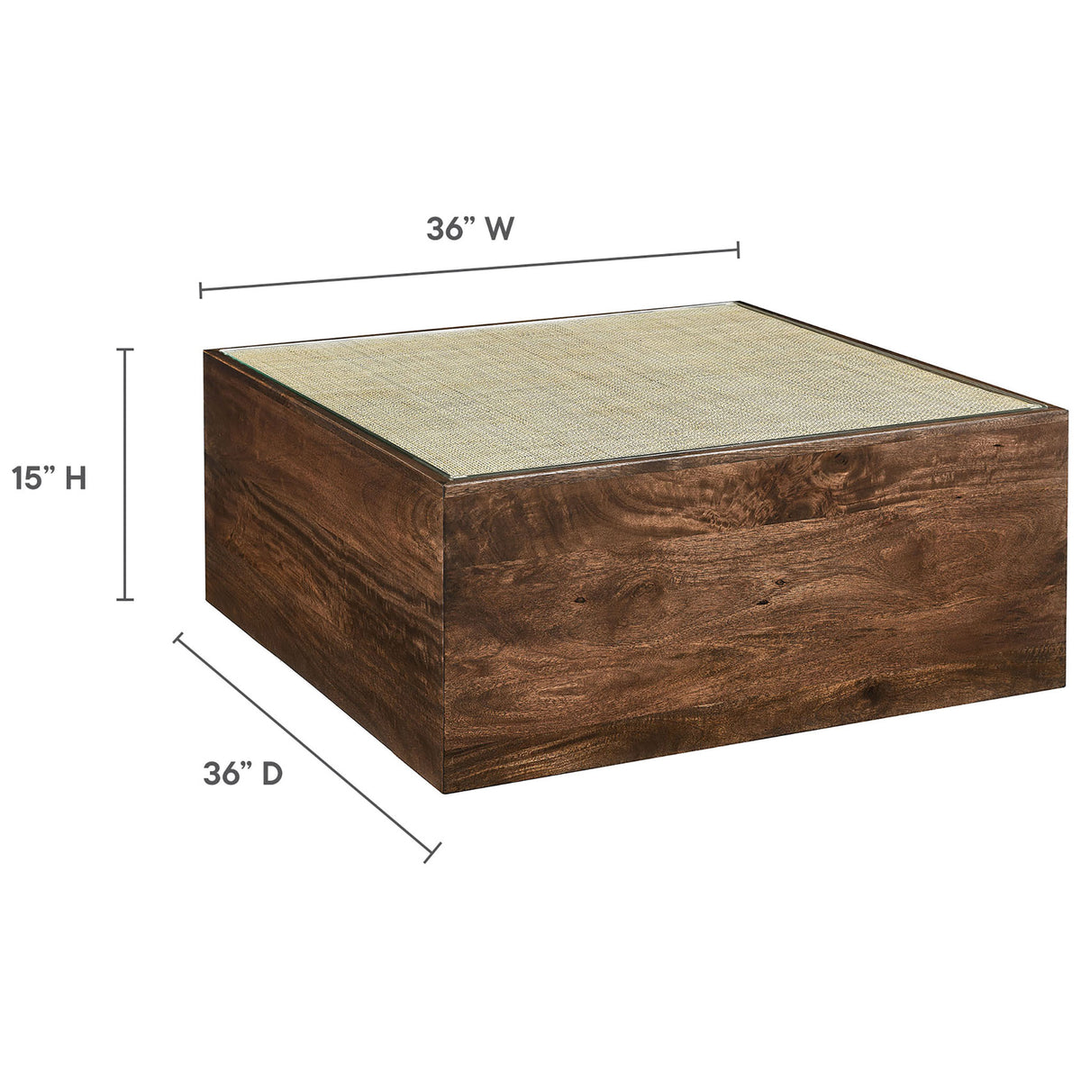 Measures 36 in W x 36 in D x 15 in H for a low-profile, spacious coffee table || EEI-7086-WAL || dimension_studio