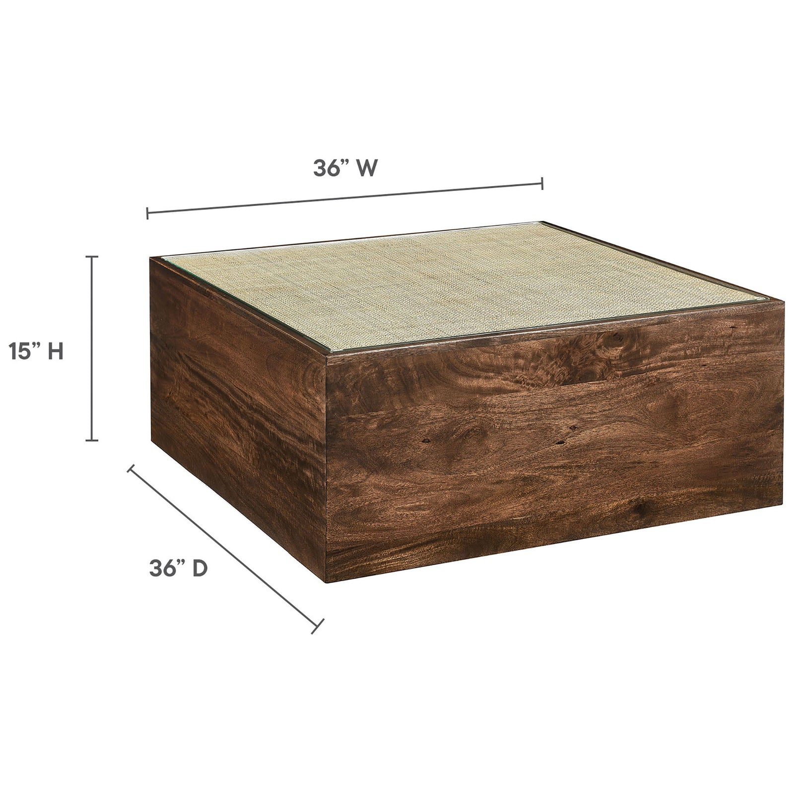 Measures 36 in W x 36 in D x 15 in H for a low-profile, spacious coffee table || EEI-7086-WAL || dimension_studio