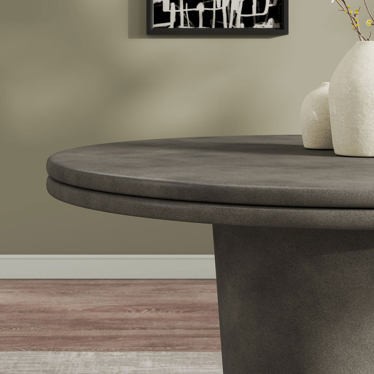 Gray concrete tabletop with decorative vases, emphasizing thick double lip edge and soft sheen || EEI-7087-GRY || detail_room