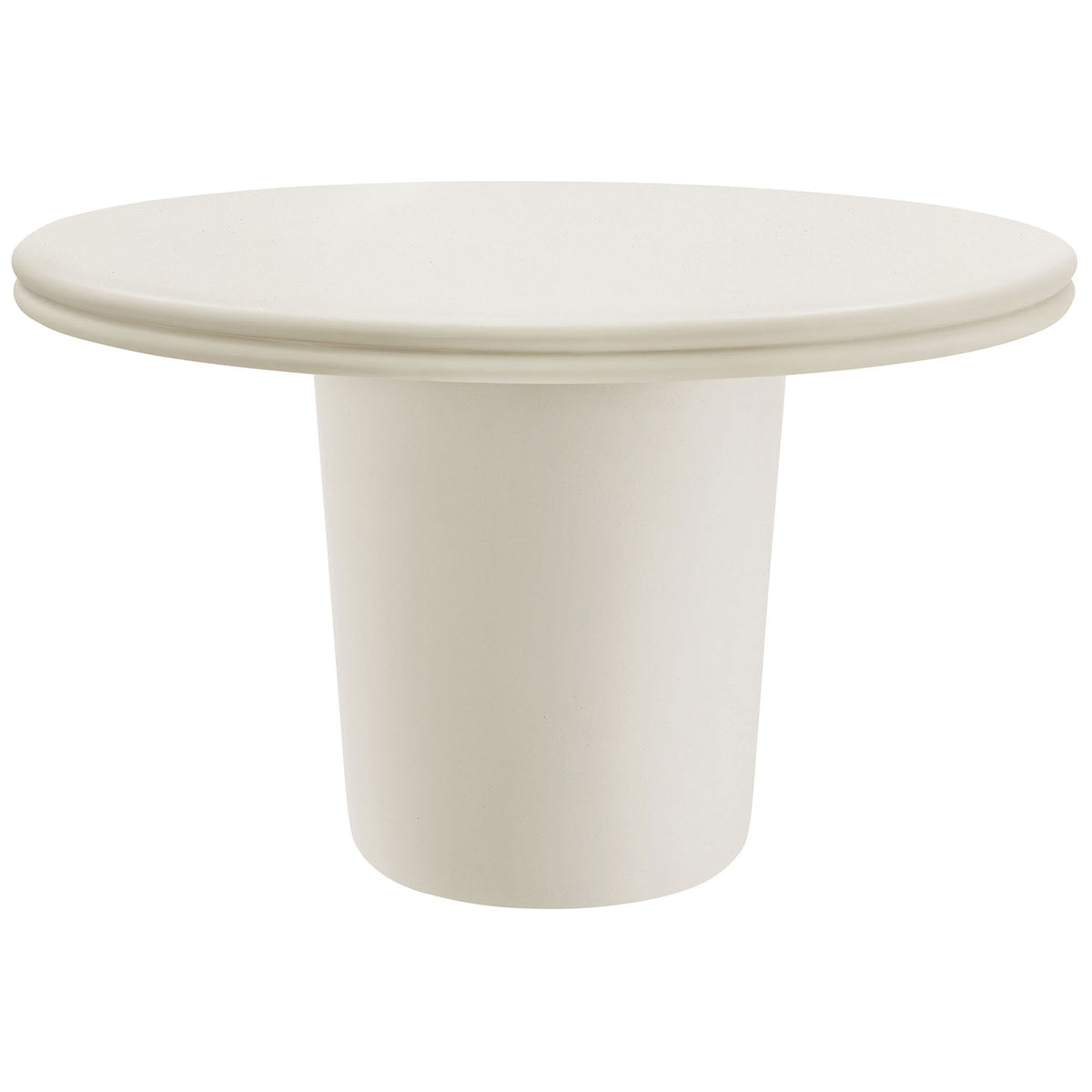 White concrete round dining table with thick double lip edge and tapered pedestal base || EEI-7087-WHI || front_angle_studio