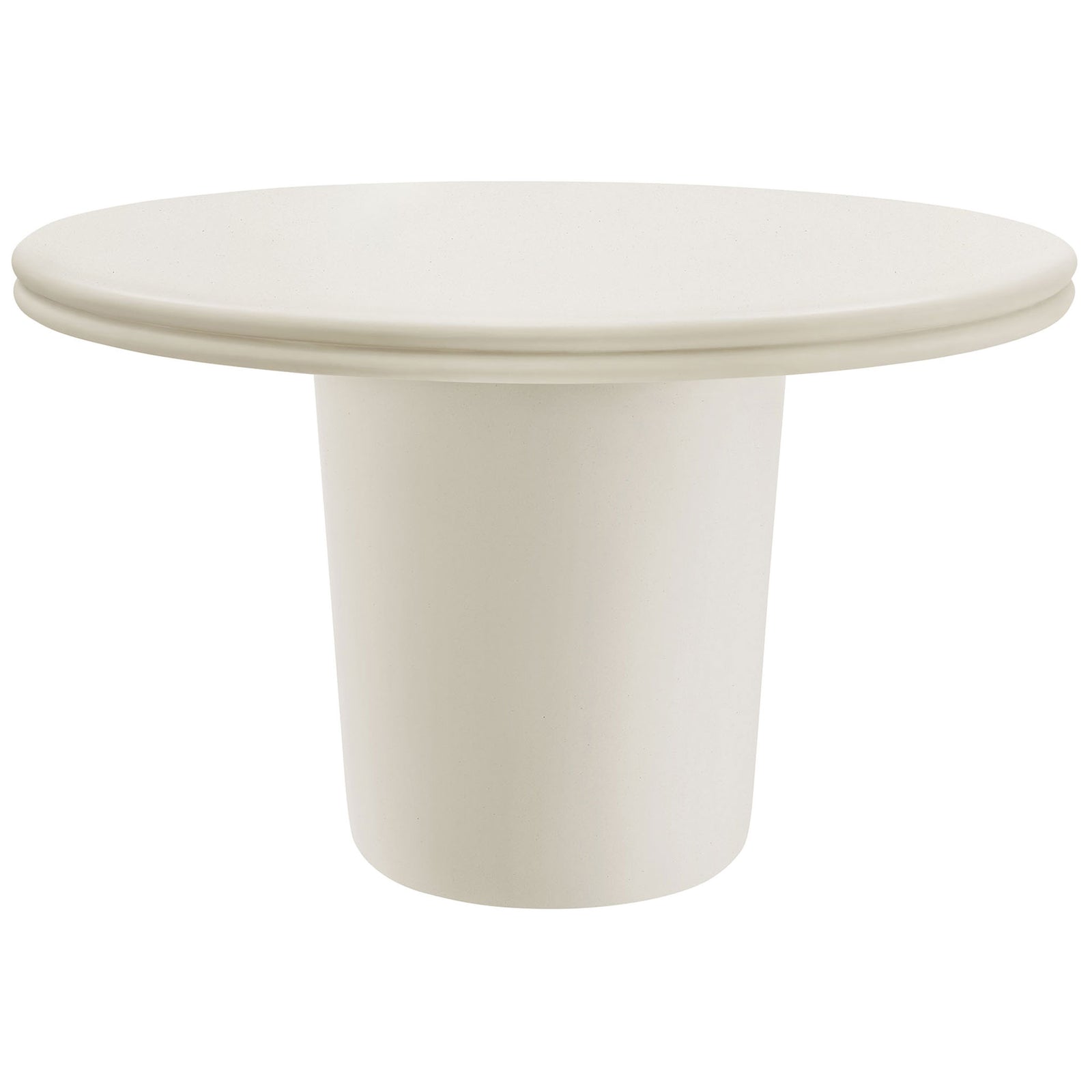 White concrete round dining table with thick double lip edge and tapered pedestal base || EEI-7087-WHI || front_angle_studio