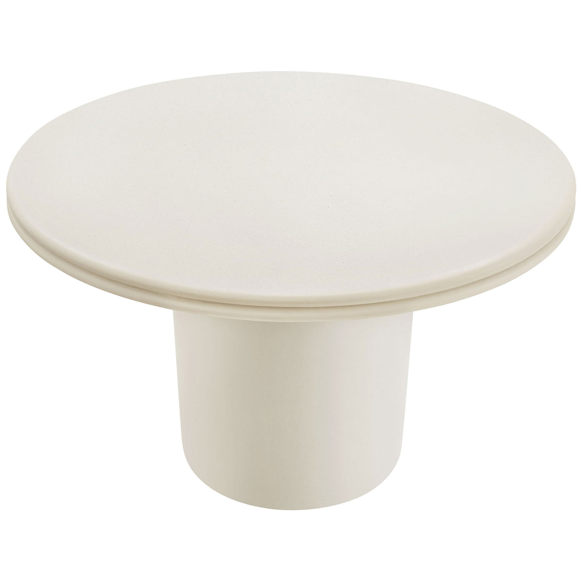 White concrete round tabletop with smooth finish and double lip edging on sturdy pedestal base || EEI-7087-WHI || top_angle_studio