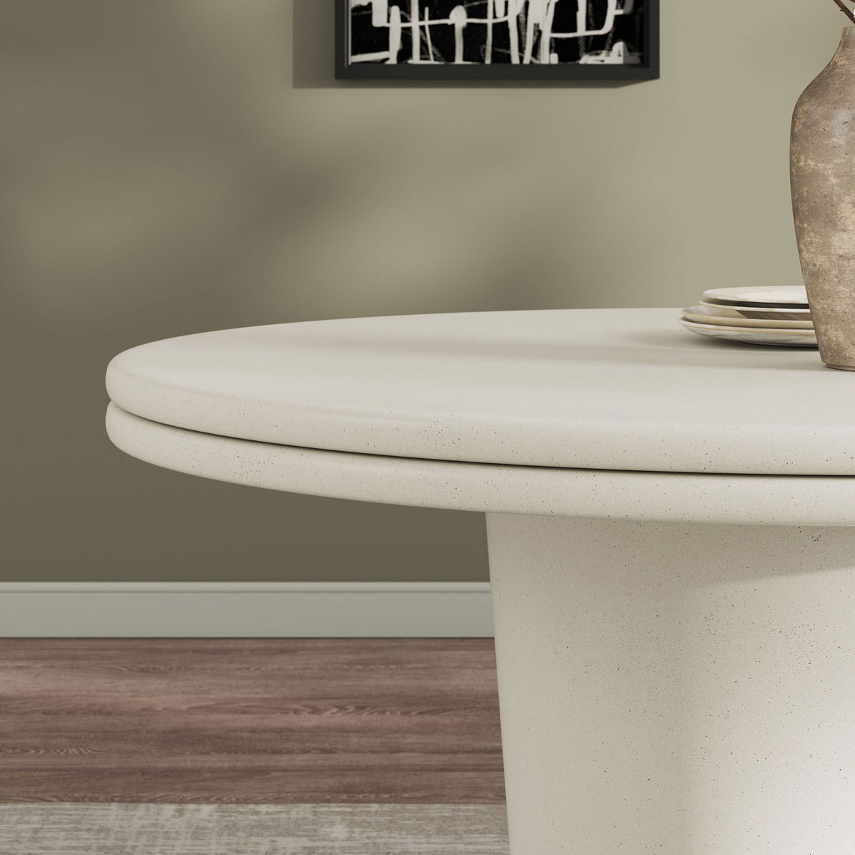 White concrete tabletop with decorative vase, emphasizing thick double lip edge and soft sheen || EEI-7087-WHI || detail_room