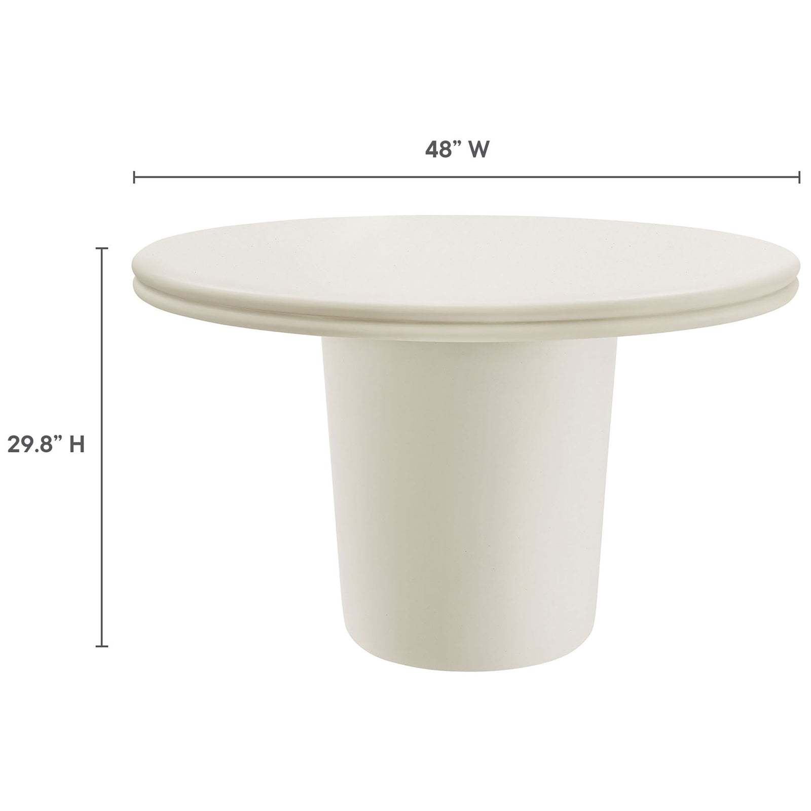 White concrete round dining table measuring 48 inches wide and 29.8 inches high || EEI-7087-WHI || dimension_studio