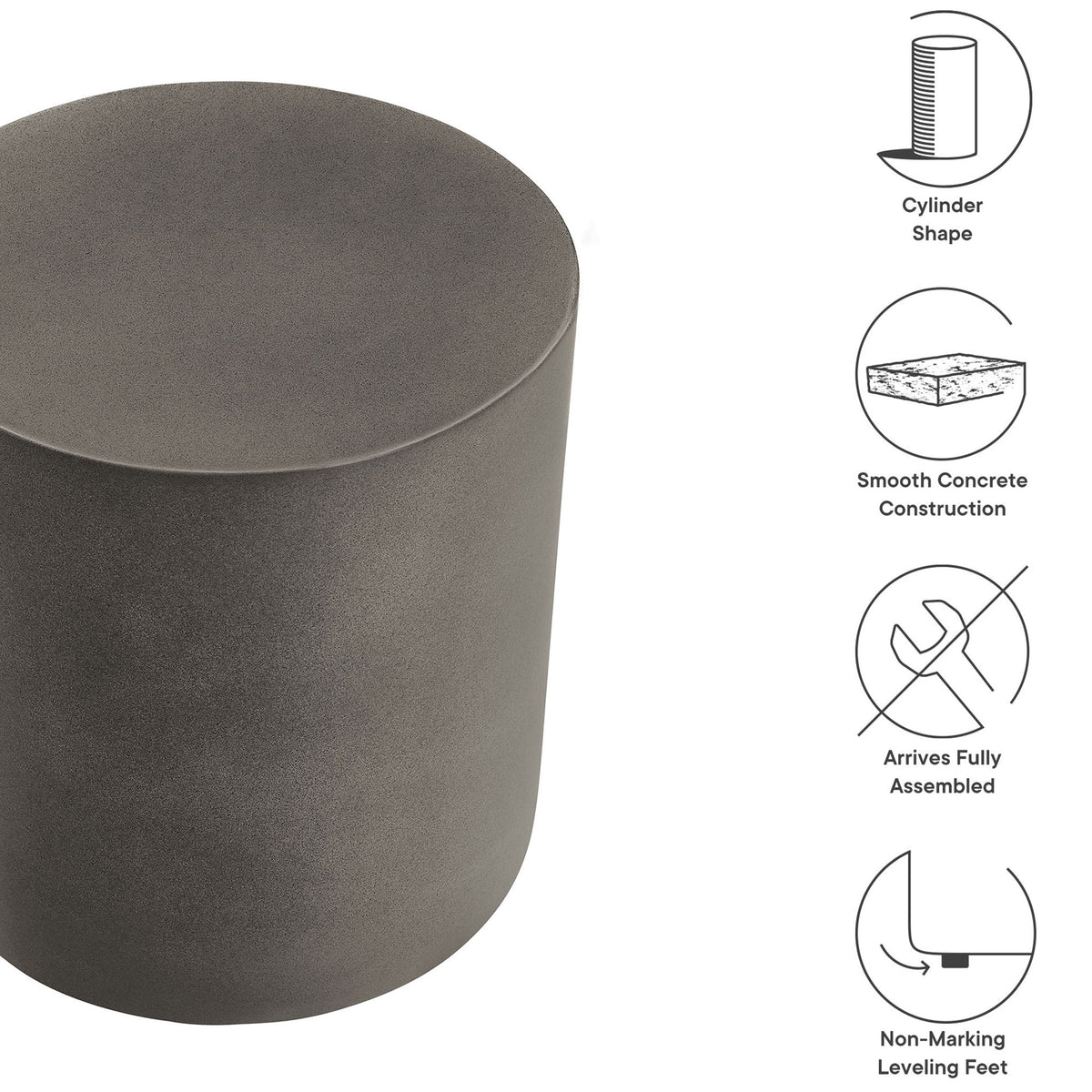 Feature overview of the Brion gray concrete stool highlighting its cylinder shape and leveling feet || EEI-7088-GRY || callout_studio