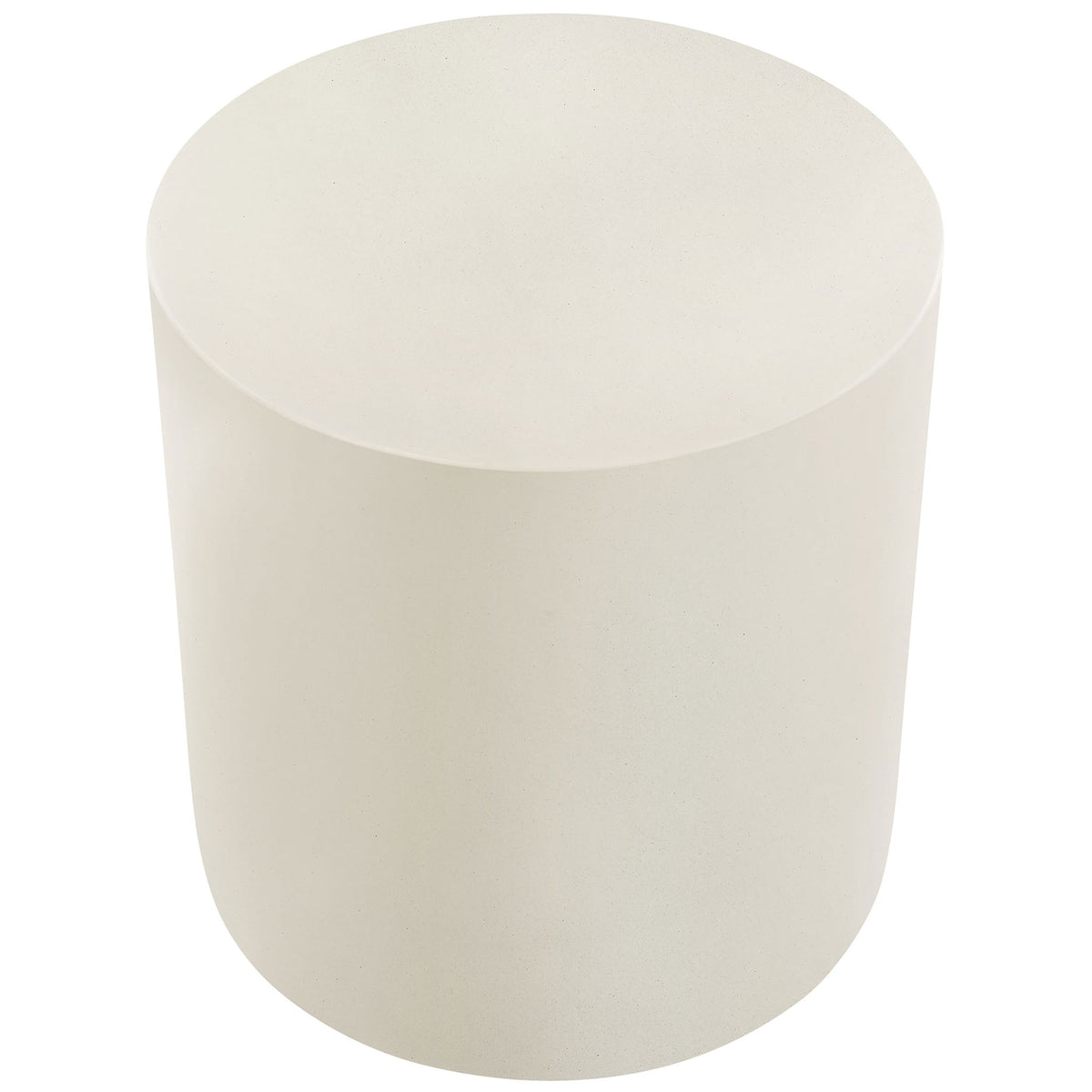 White concrete stool with smooth circular top offering a minimalist surface for seating or display || EEI-7088-WHI || top_angle_studio