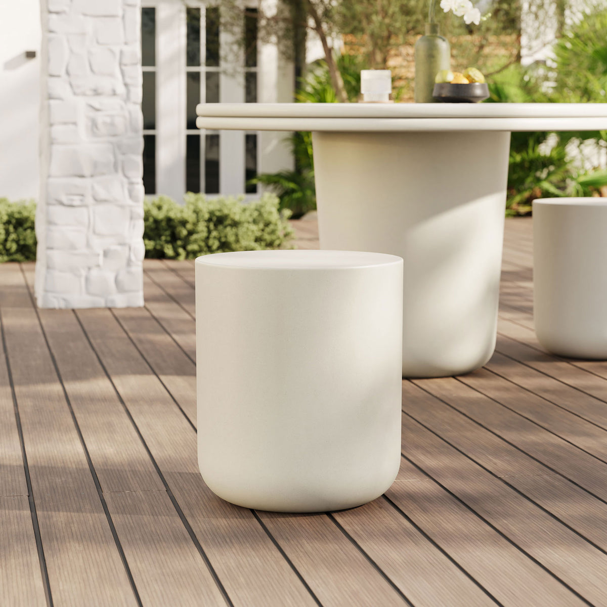 White concrete patio stool coordinated with an outdoor dining set for durable extra seating || EEI-7088-WHI || front_angle_room