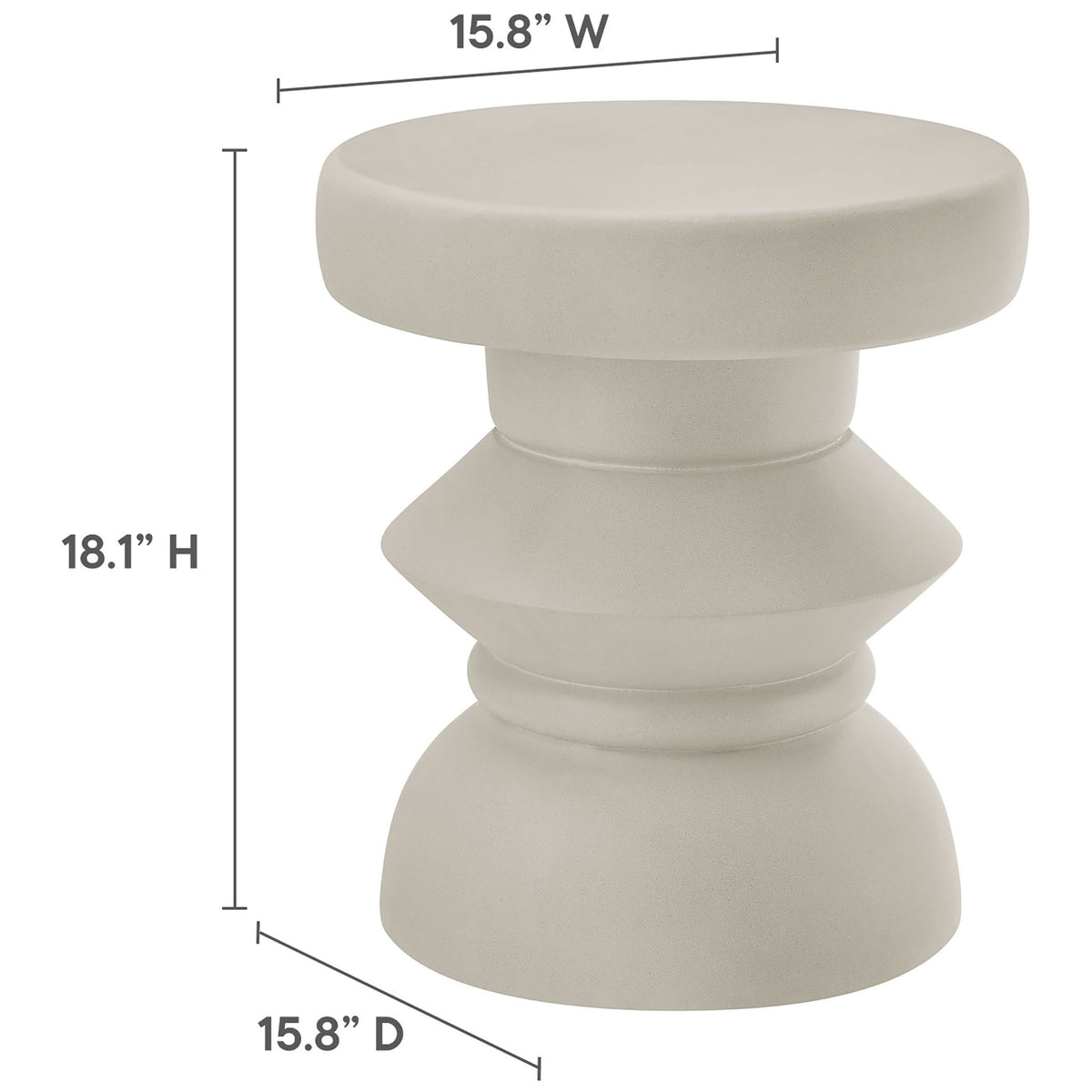 Light gray concrete side table with sculptural profile and dimensions labeled for height and width || EEI-7090-LGR || dimension_studio
