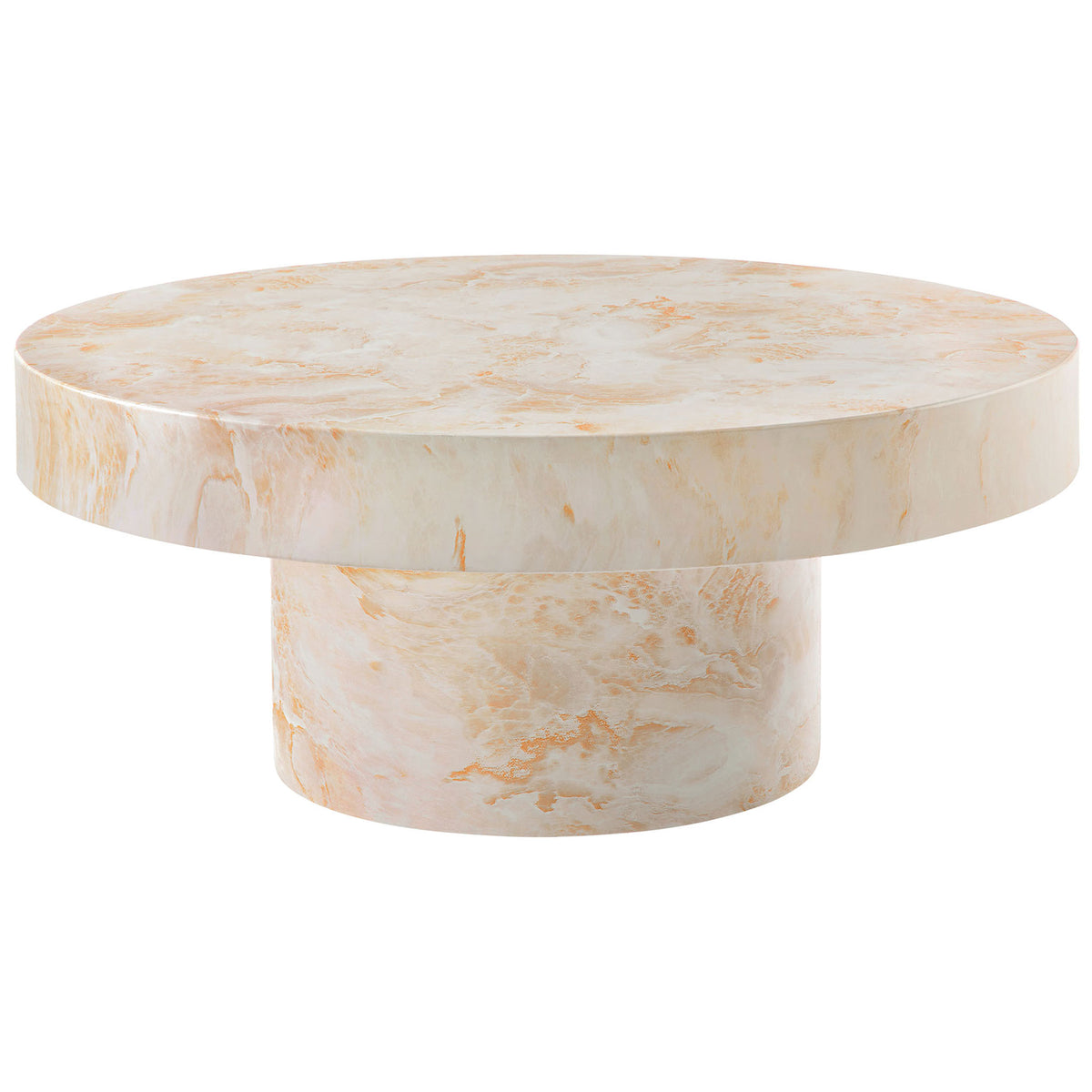Round honey onyx concrete coffee table with a bold cylindrical pedestal base || EEI-7091-HYX || front_angle_studio