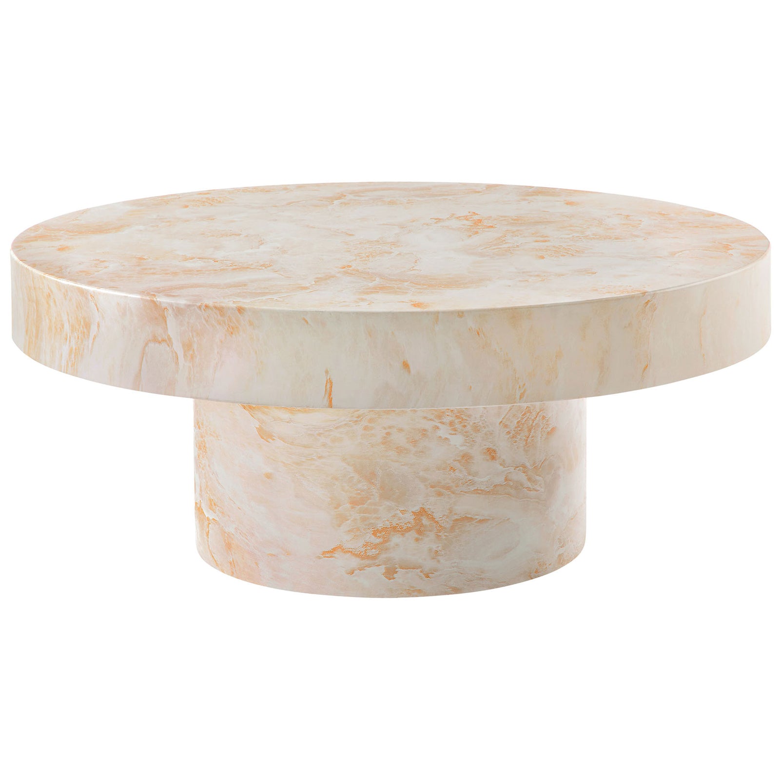 Round honey onyx concrete coffee table with a bold cylindrical pedestal base || EEI-7091-HYX || front_angle_studio