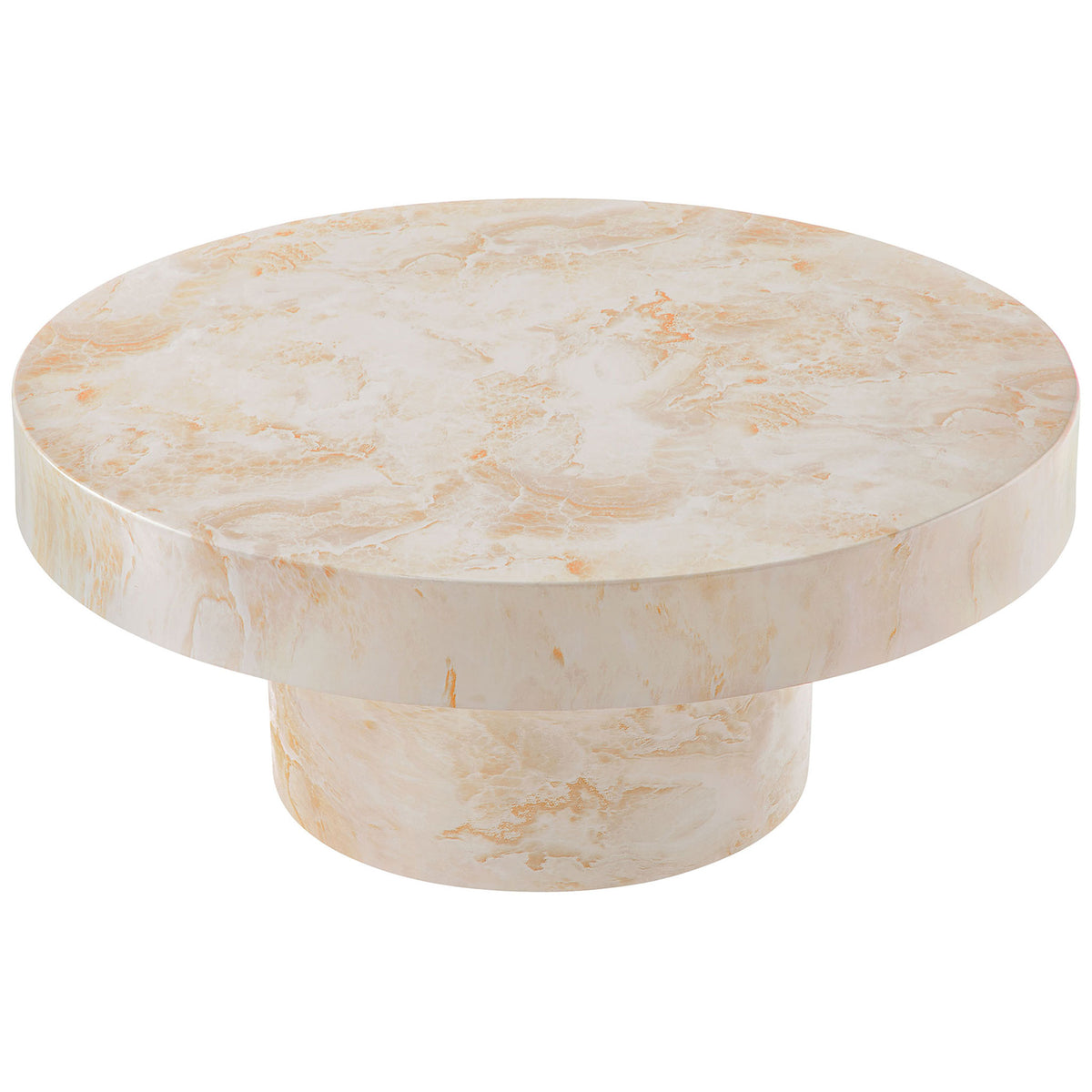 Spacious round honey onyx coffee table with thick faux stone top and cylindrical base || EEI-7091-HYX || top_angle_studio