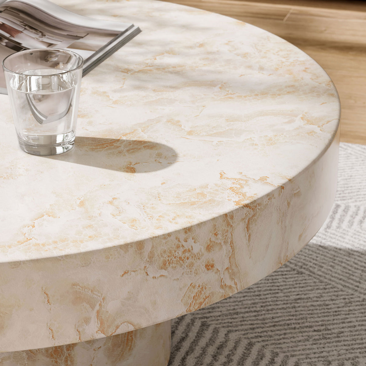 Honey onyx coffee table styled indoors with glassware magazine and textured area rug || EEI-7091-HYX || detail_room