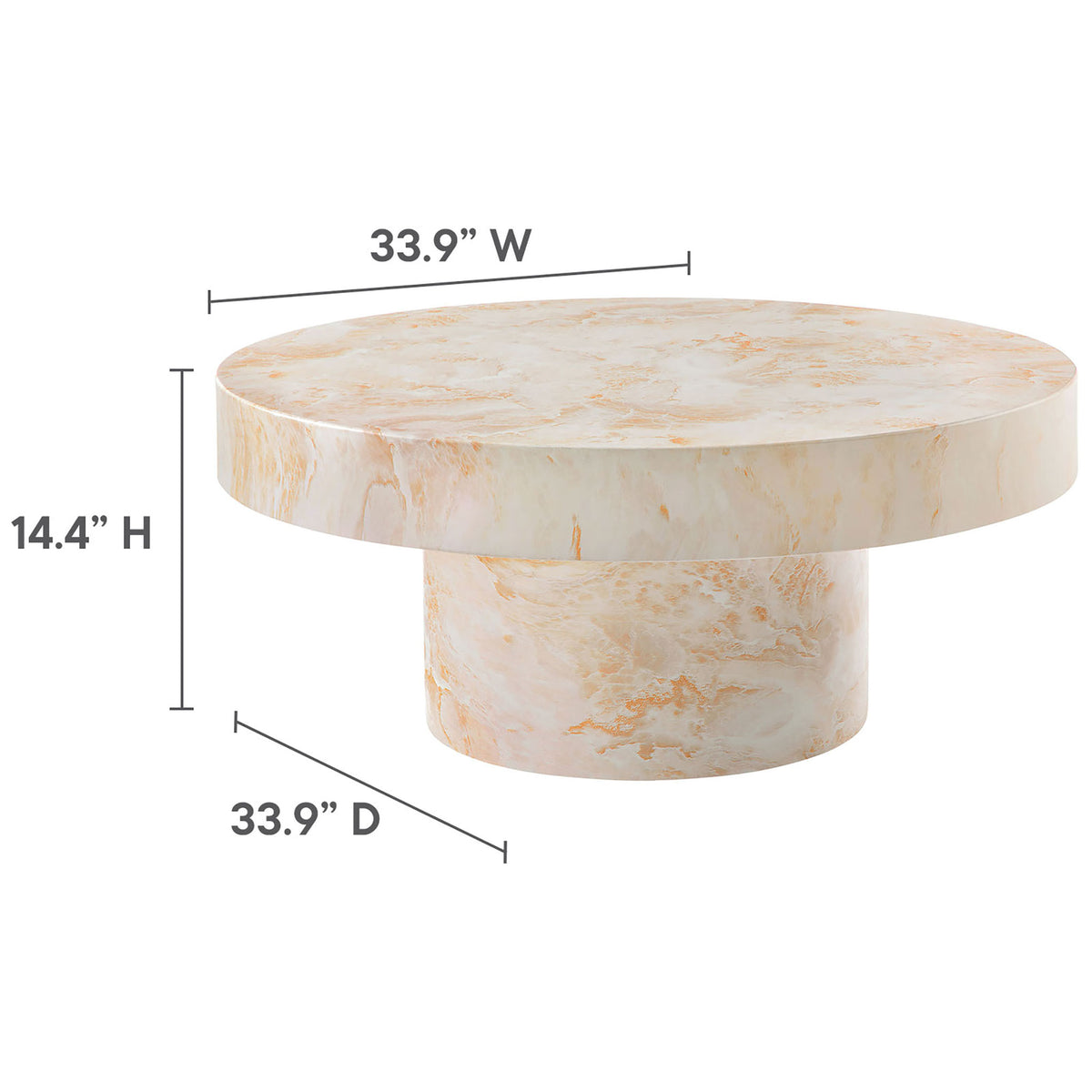 Diagram showing Alora honey onyx coffee table dimensions at 33.9 inches wide and 14.4 inches high || EEI-7091-HYX || dimension_studio