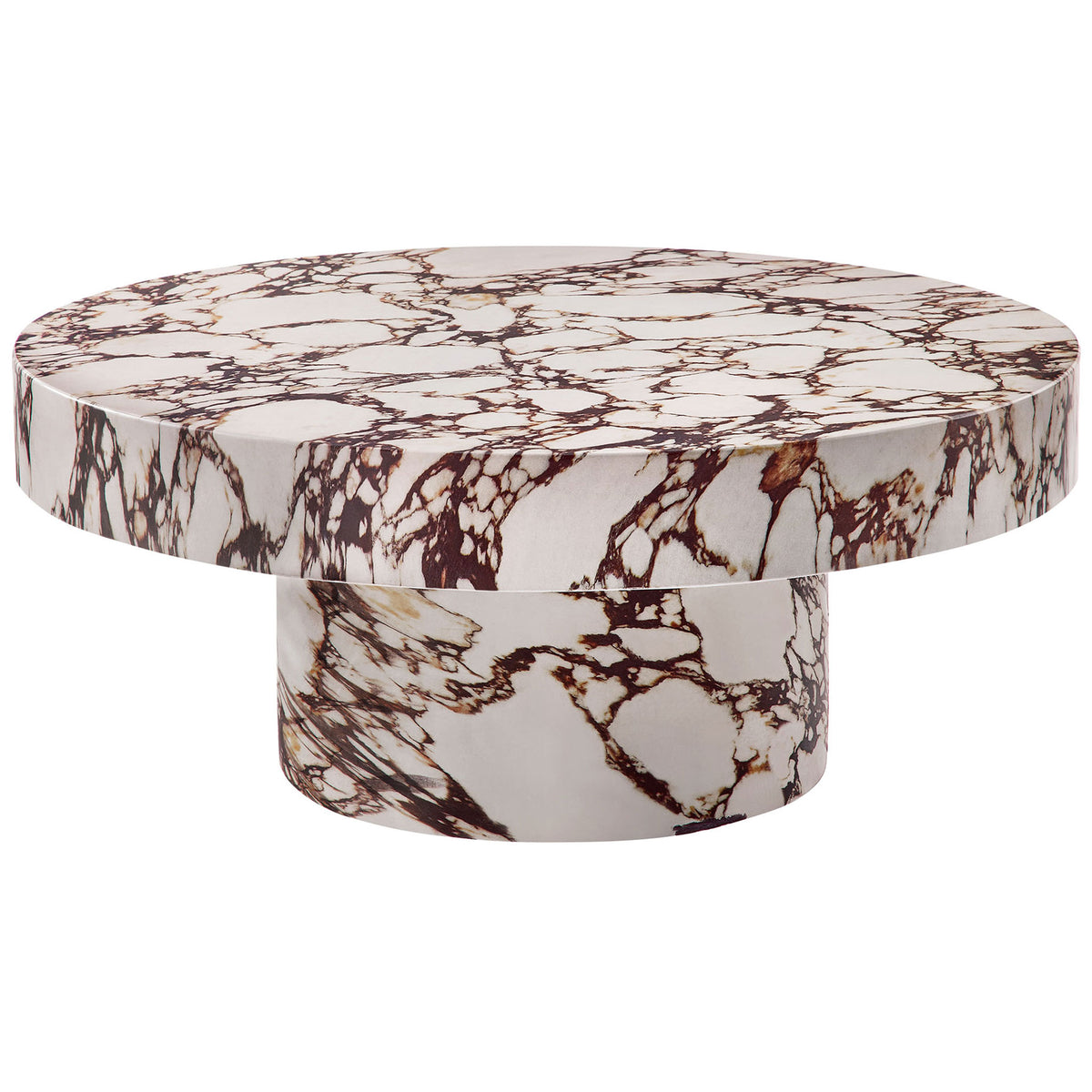 Round red marble look concrete coffee table with a dramatic cylindrical pedestal base || EEI-7091-RED || front_angle_studio