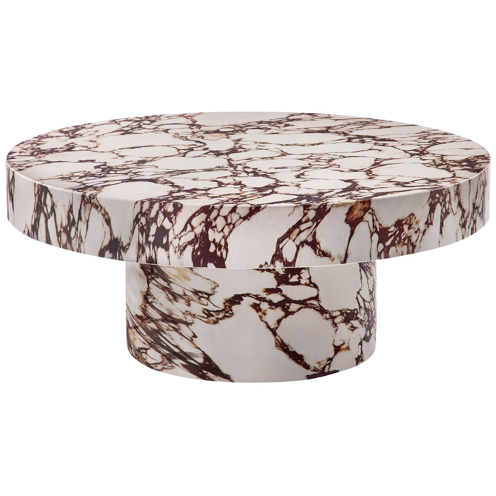 Round red marble look concrete coffee table with a dramatic cylindrical pedestal base || EEI-7091-RED || front_angle_studio