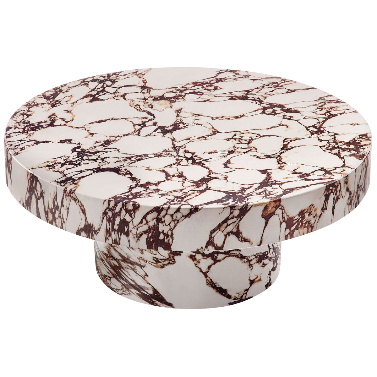 Expansive red marble effect tabletop with thick profile atop a sturdy cylindrical base || EEI-7091-RED || top_angle_studio
