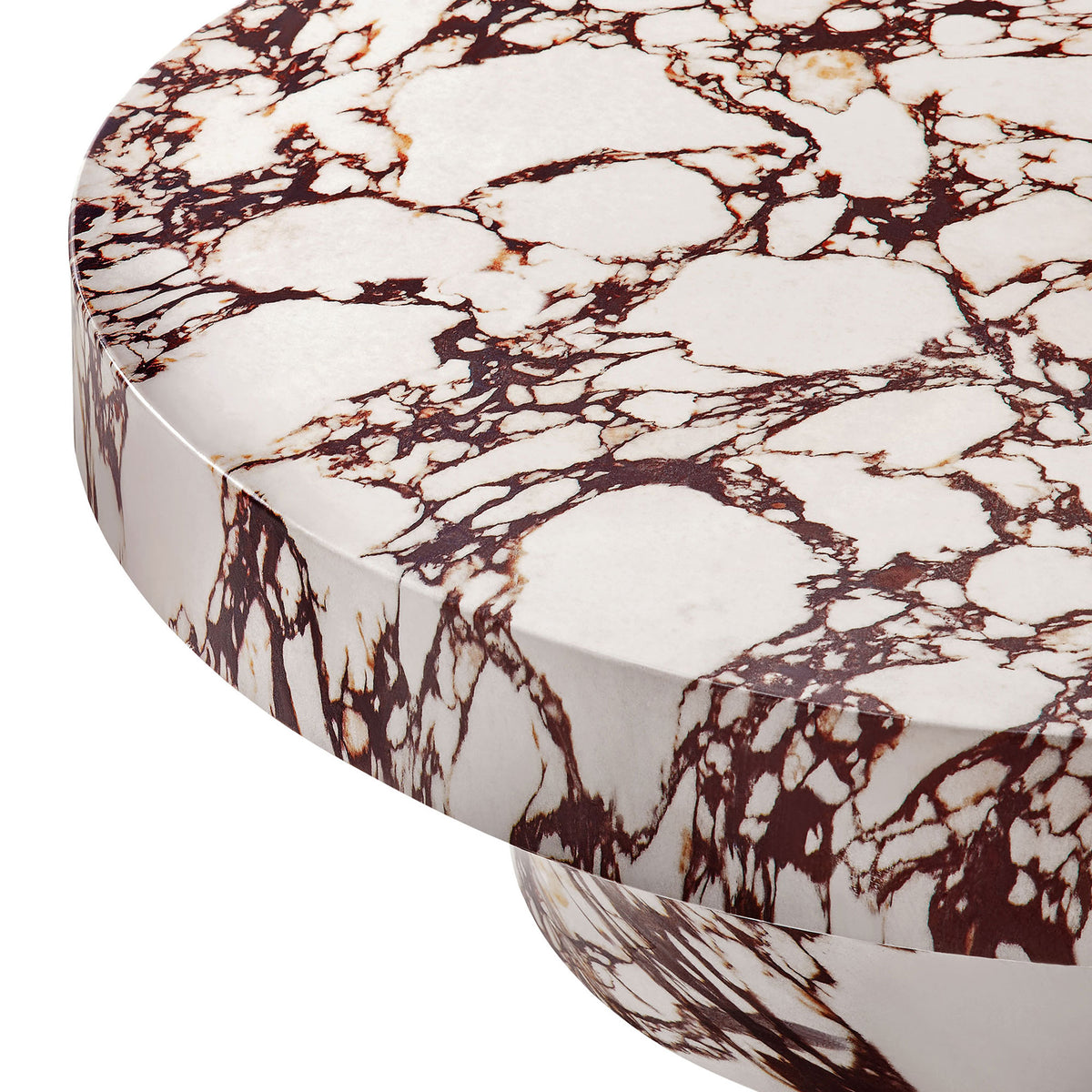 Red marble look tabletop surface with bold veining and smooth rounded edge detail || EEI-7091-RED || swatch_studio