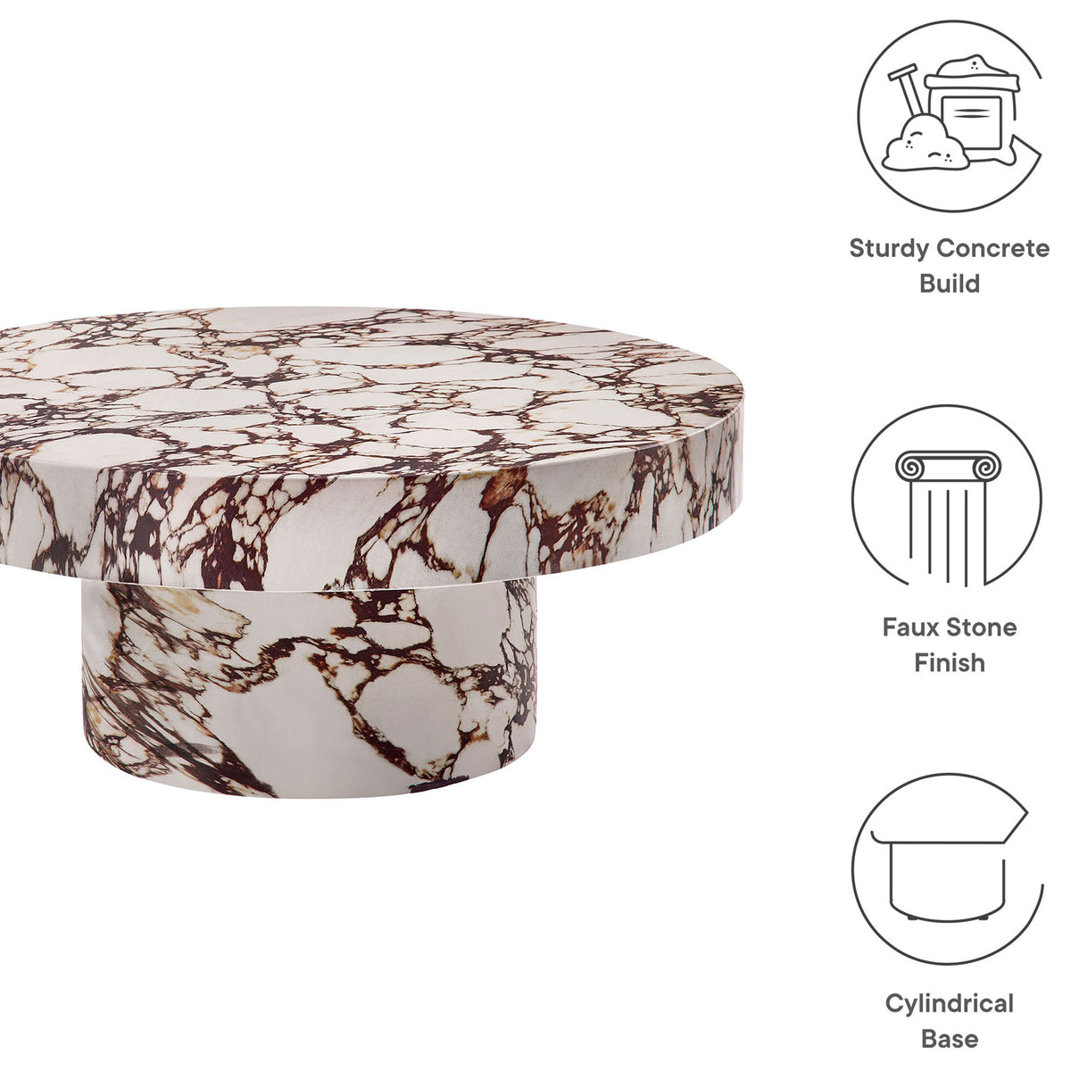 Graphic highlighting sturdy concrete build faux stone red marble finish and cylindrical base || EEI-7091-RED || callout_studio