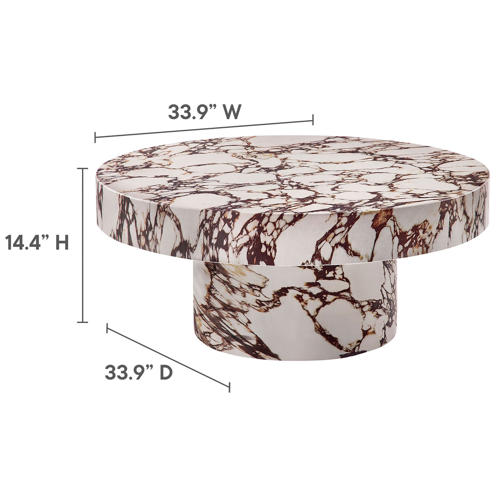Diagram showing Alora red marble coffee table dimensions at 33.9 inches wide and 14.4 inches high || EEI-7091-RED || dimension_studio