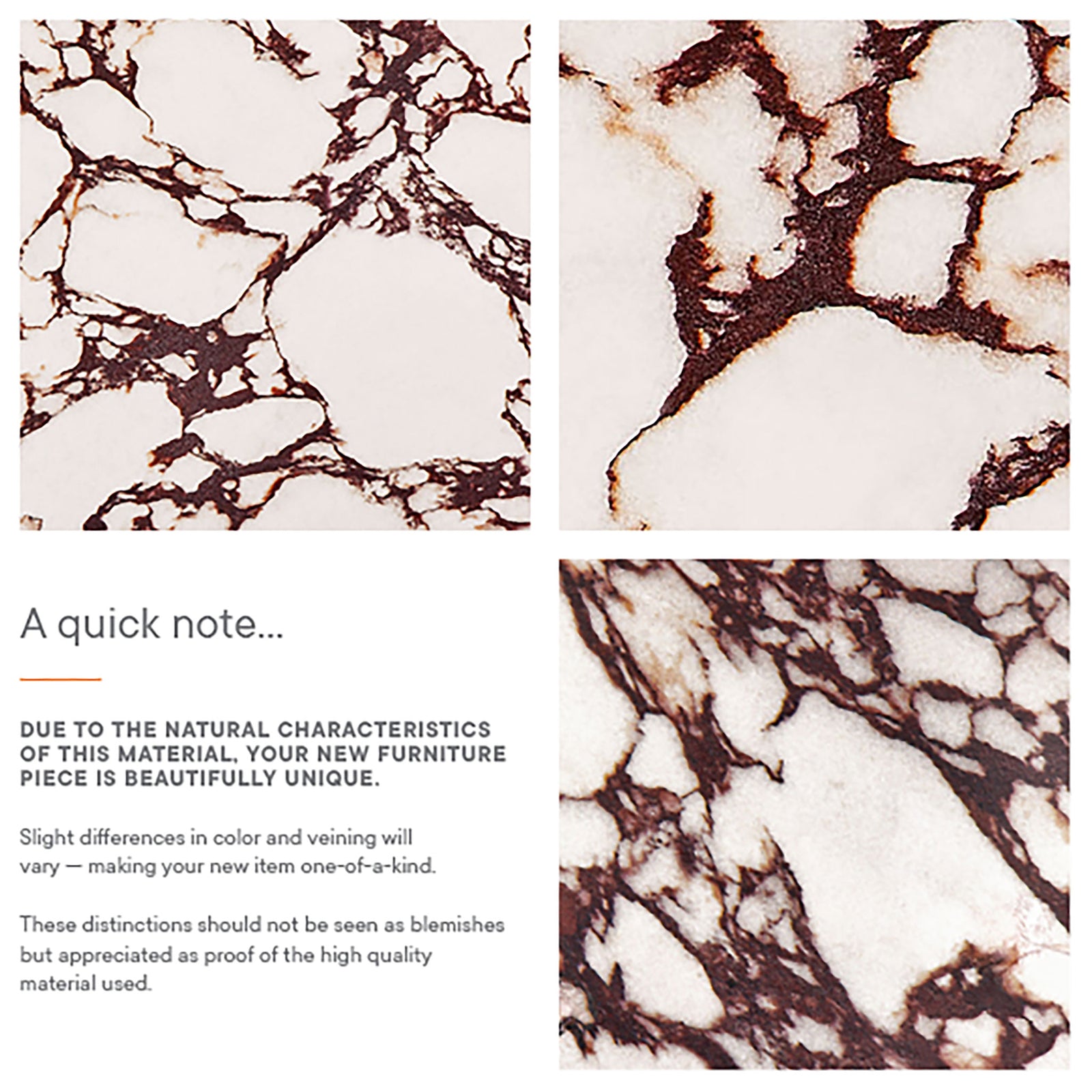 Material graphic showing dramatic red marble veining with note about each table being unique || EEI-7091-RED || callout_studio