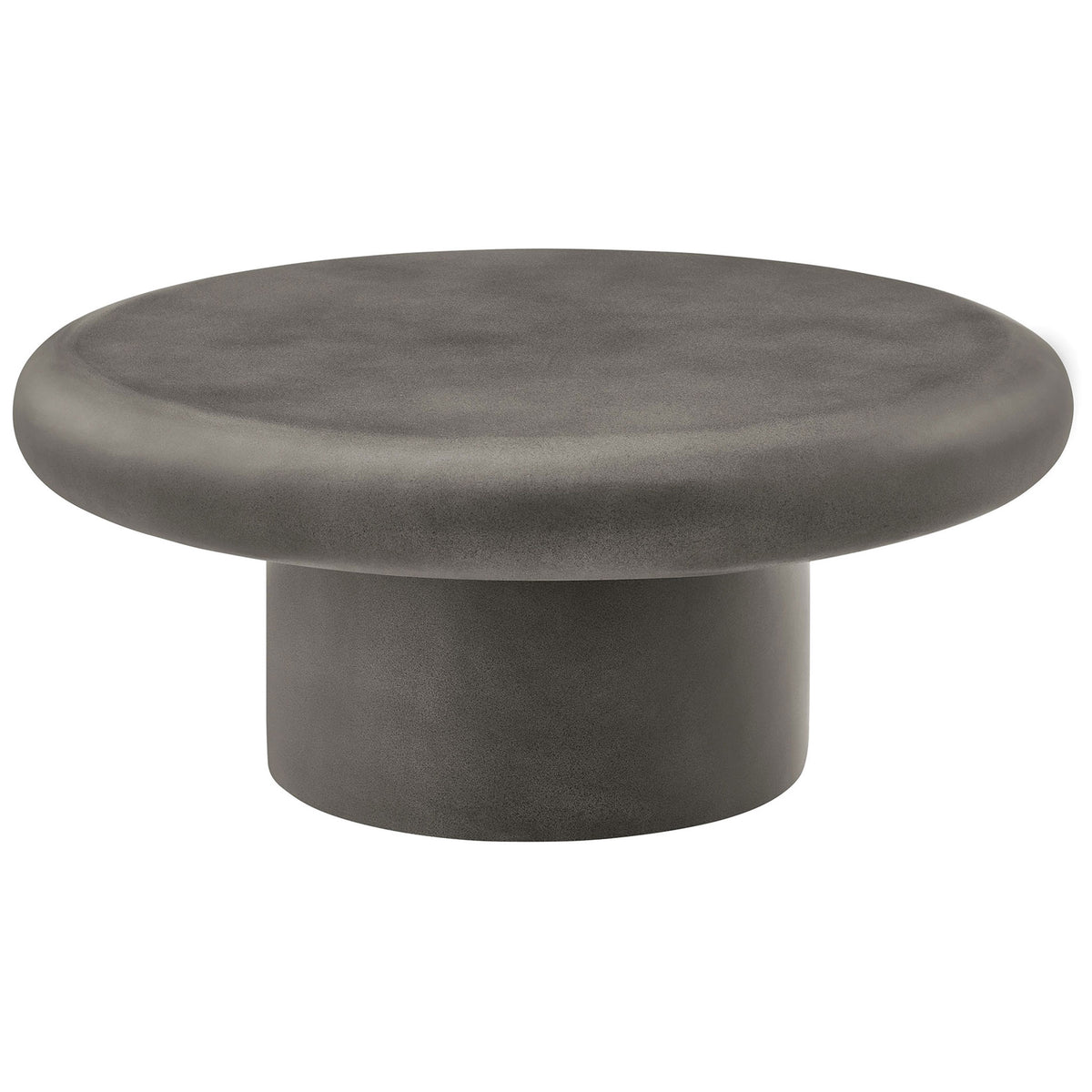 Gray concrete round coffee table with smooth bullnose top and sturdy cylindrical base for indoor or outdoor spaces || EEI-7092-GRY || front_angle_studio