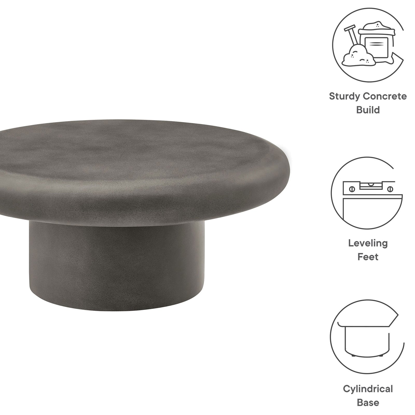 Gray concrete coffee table with graphic callouts highlighting sturdy build, leveling feet, and cylindrical base design || EEI-7092-GRY || callout_studio