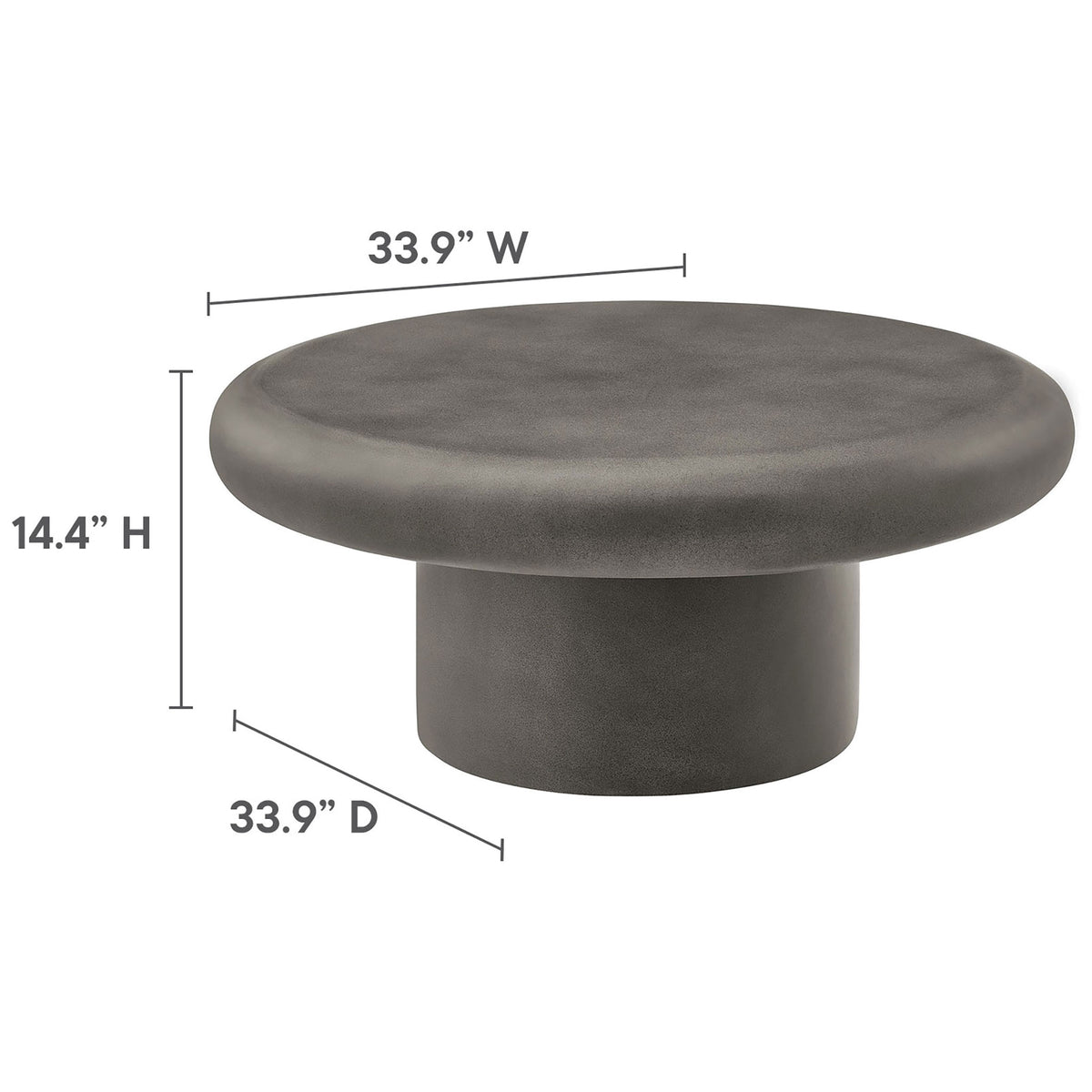 Gray concrete round coffee table shown with dimensions for its wide 33.9 inch top and low 14.4 inch height || EEI-7092-GRY || dimension_studio