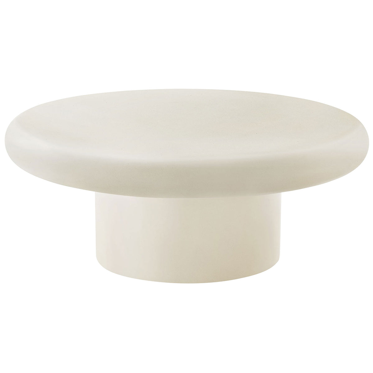 White concrete round coffee table with smooth bullnose top and sturdy cylindrical base for indoor or outdoor spaces || EEI-7092-WHI || front_angle_studio