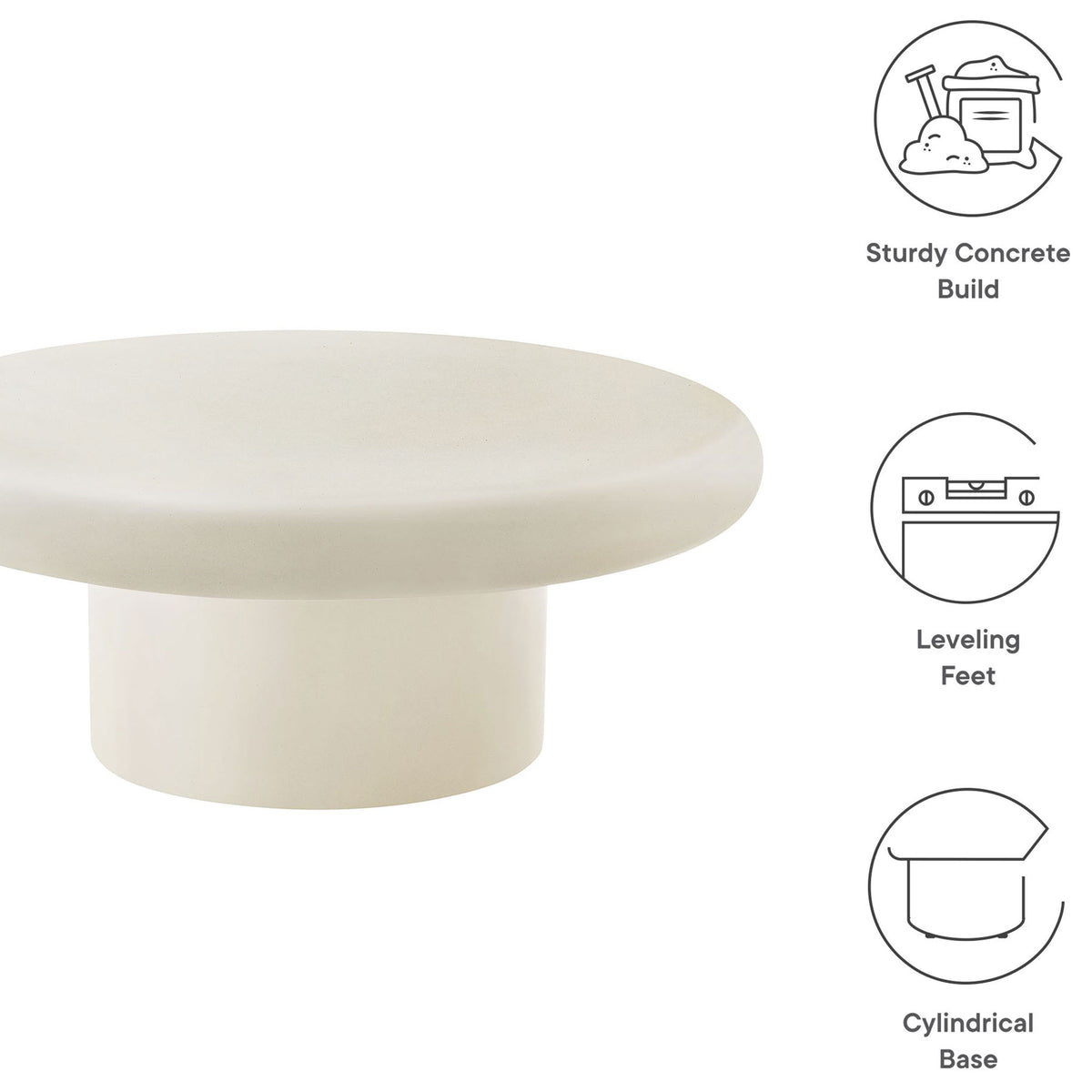 White concrete coffee table with graphic callouts highlighting sturdy build, leveling feet, and cylindrical base design || EEI-7092-WHI || callout_studio