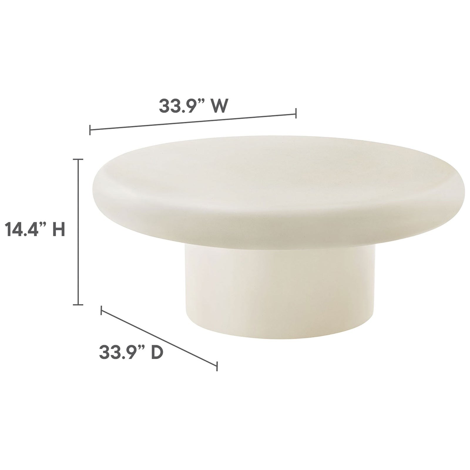 White concrete round coffee table shown with dimensions for its wide 33.9 inch top and low 14.4 inch height || EEI-7092-WHI || dimension_studio