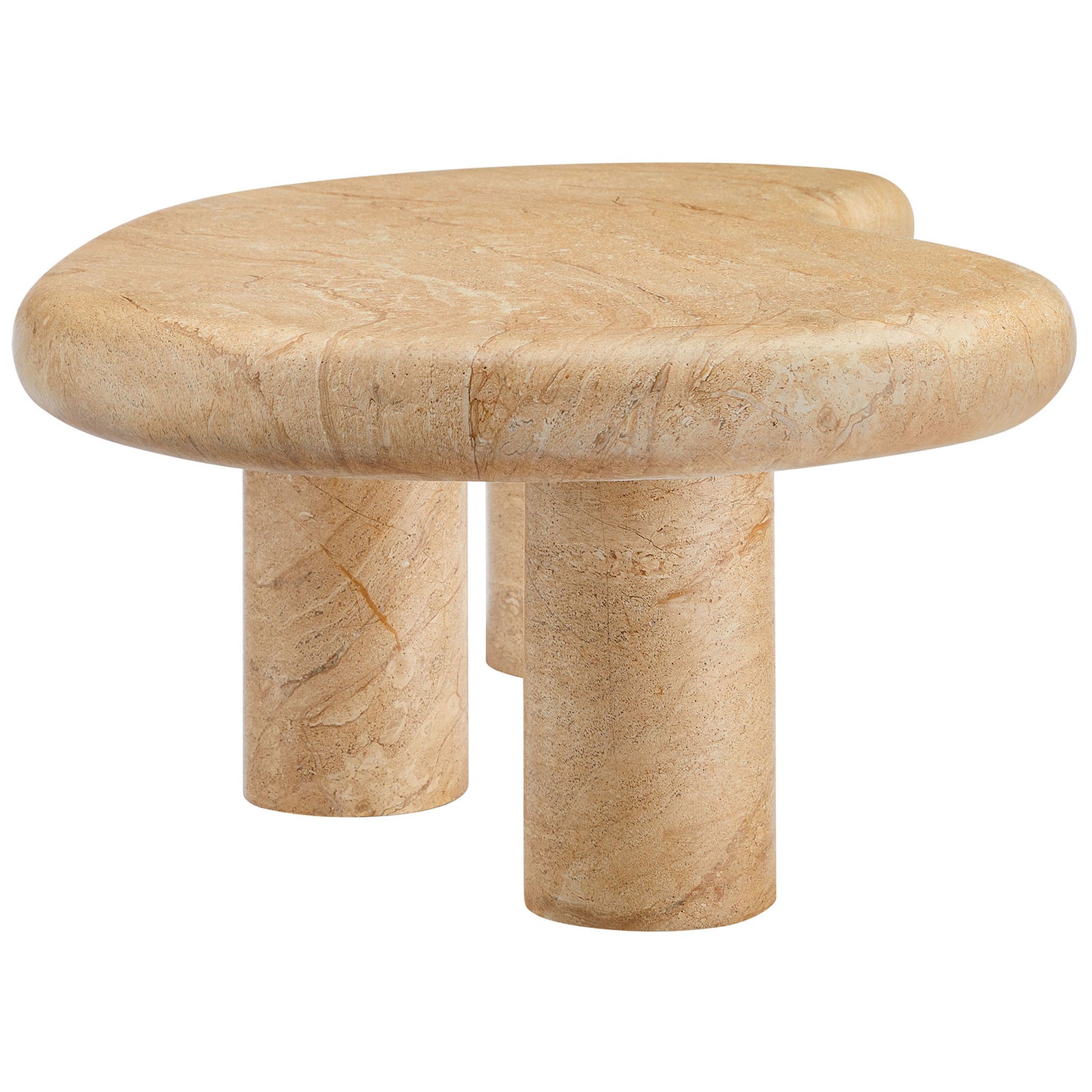 Thick kidney-shaped top and sturdy cylindrical legs emphasize the substantial faux travertine design || EEI-7093-TRV || side_studio