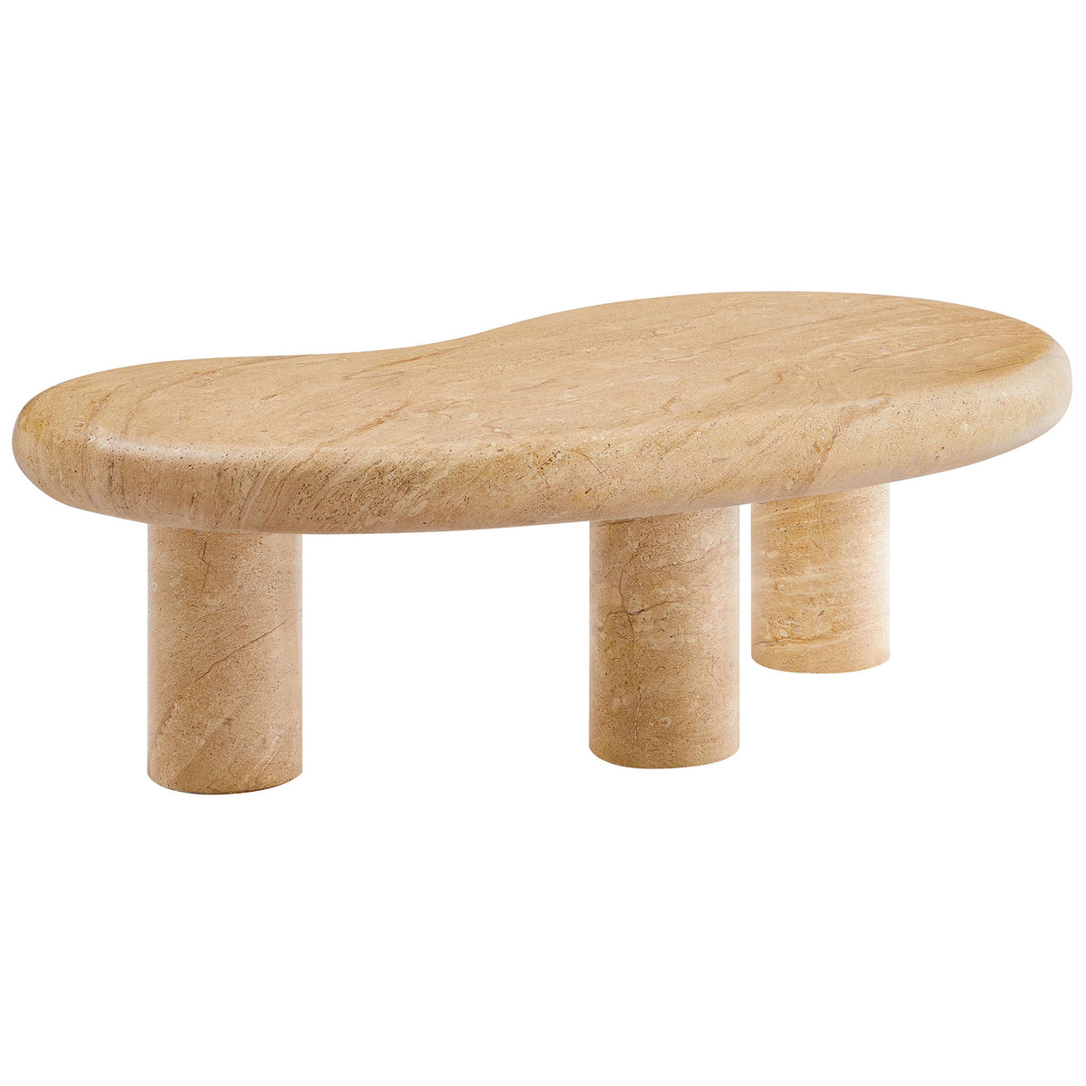 Elowen faux travertine coffee table highlights its elongated curve and smooth, rounded edges || EEI-7093-TRV || back_angle_studio
