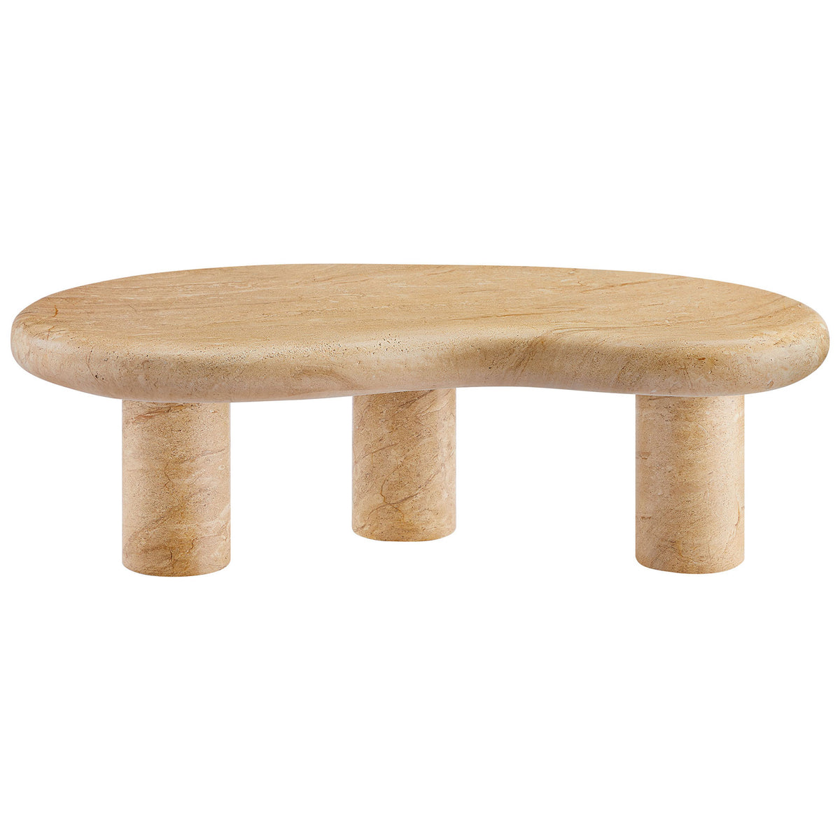 Elowen coffee table in textured faux travertine with an organic kidney-shaped top and rounded cylindrical legs || EEI-7093-TRV || front_studio