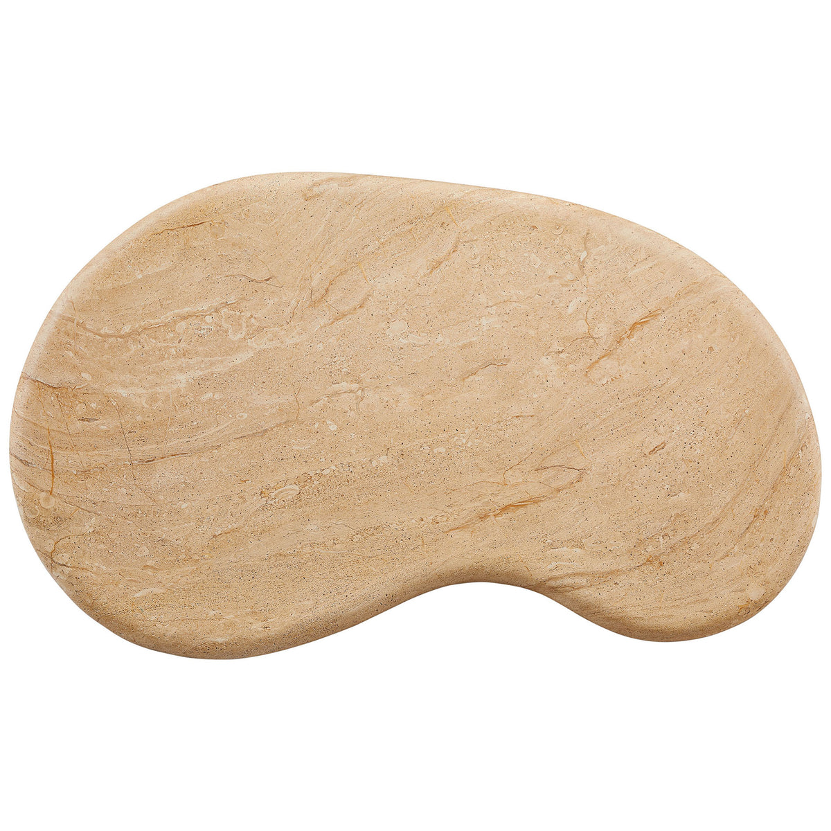 Kidney-shaped tabletop in textured faux travertine displays natural stone-inspired patterning and soft, rounded edges || EEI-7093-TRV || top_studio