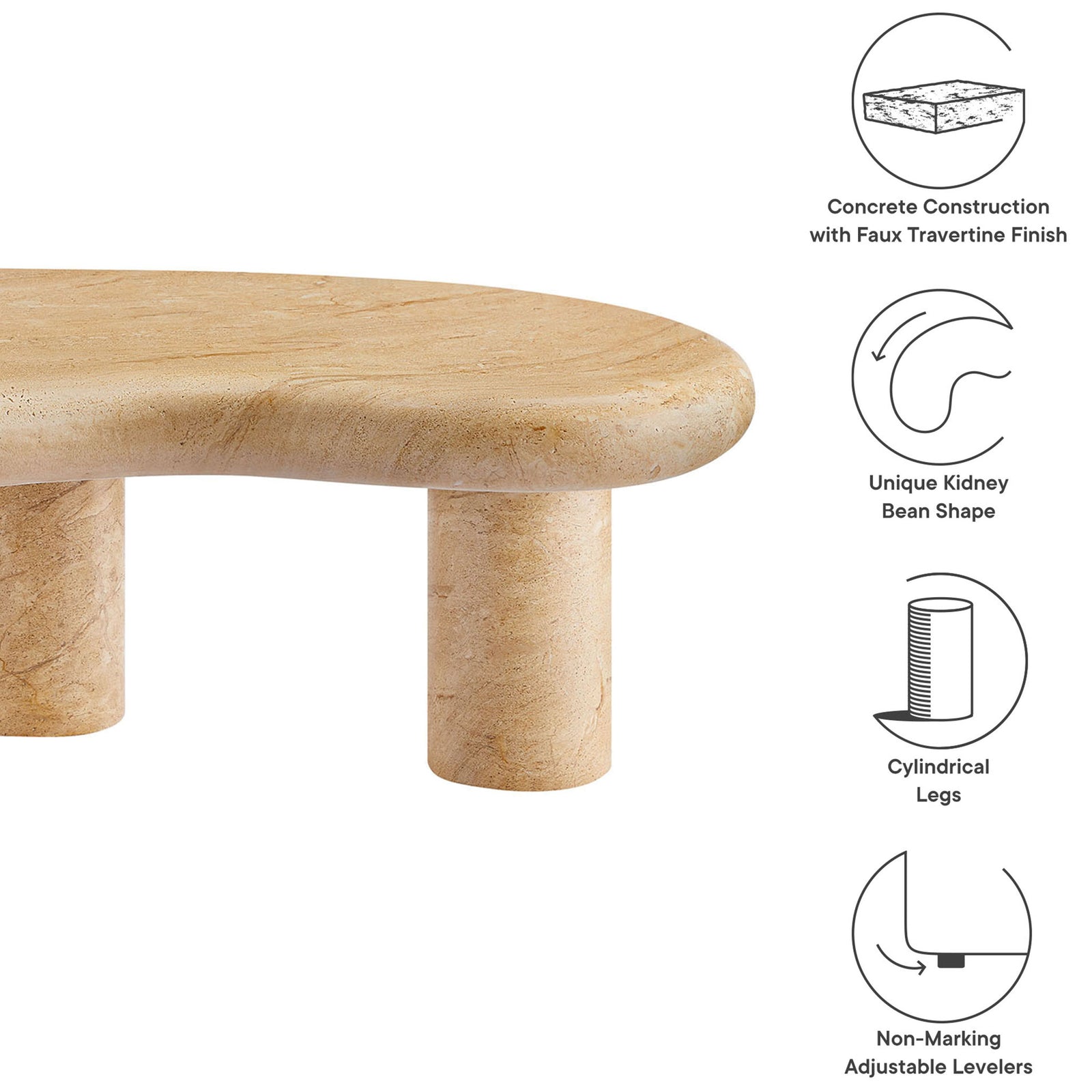 Feature icons call out the faux travertine construction, kidney-bean shape, cylindrical legs, and non-marking levelers || EEI-7093-TRV || callout_studio