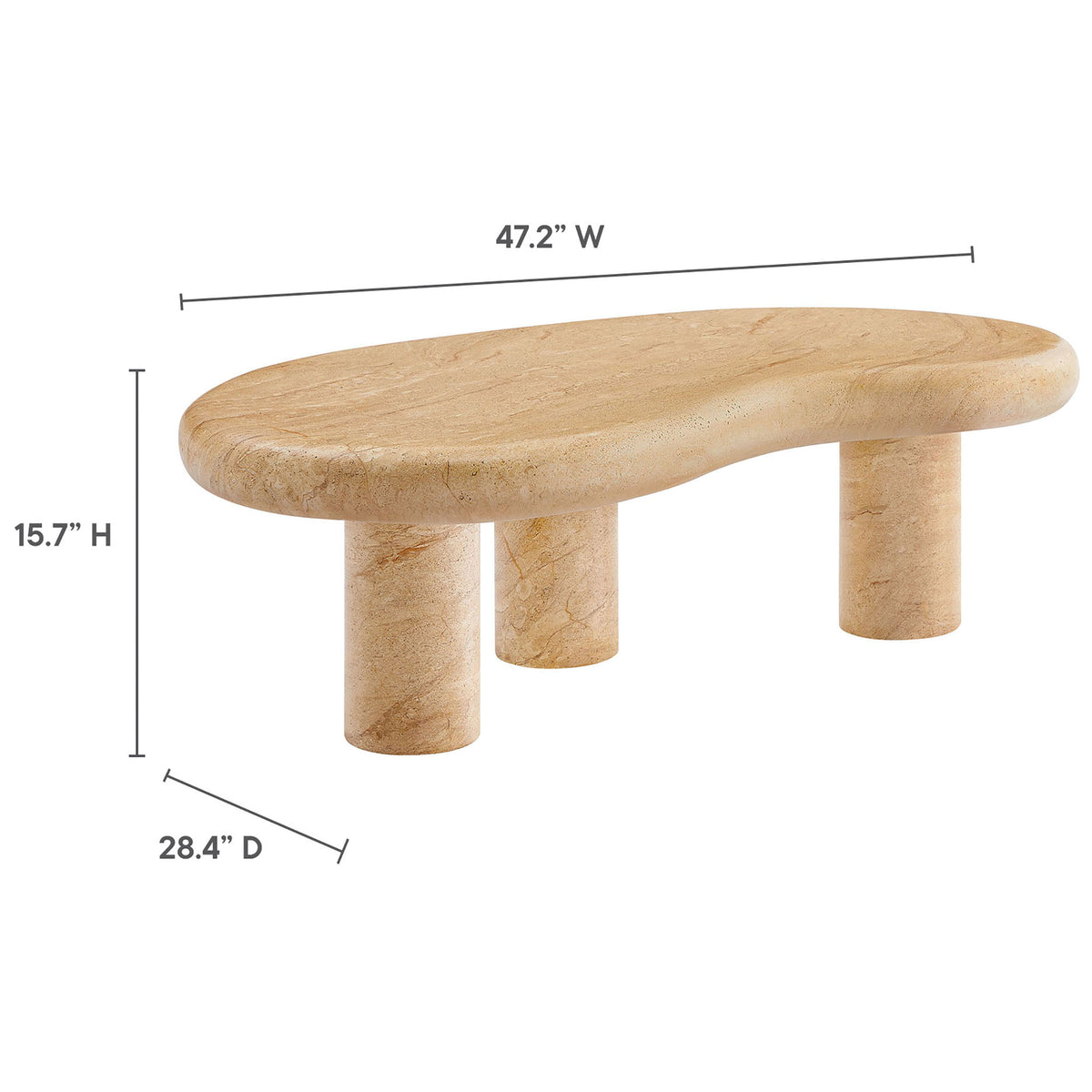 Dimension diagram displays the Elowen faux travertine coffee table measurements for height, width, and depth || EEI-7093-TRV || dimension_studio