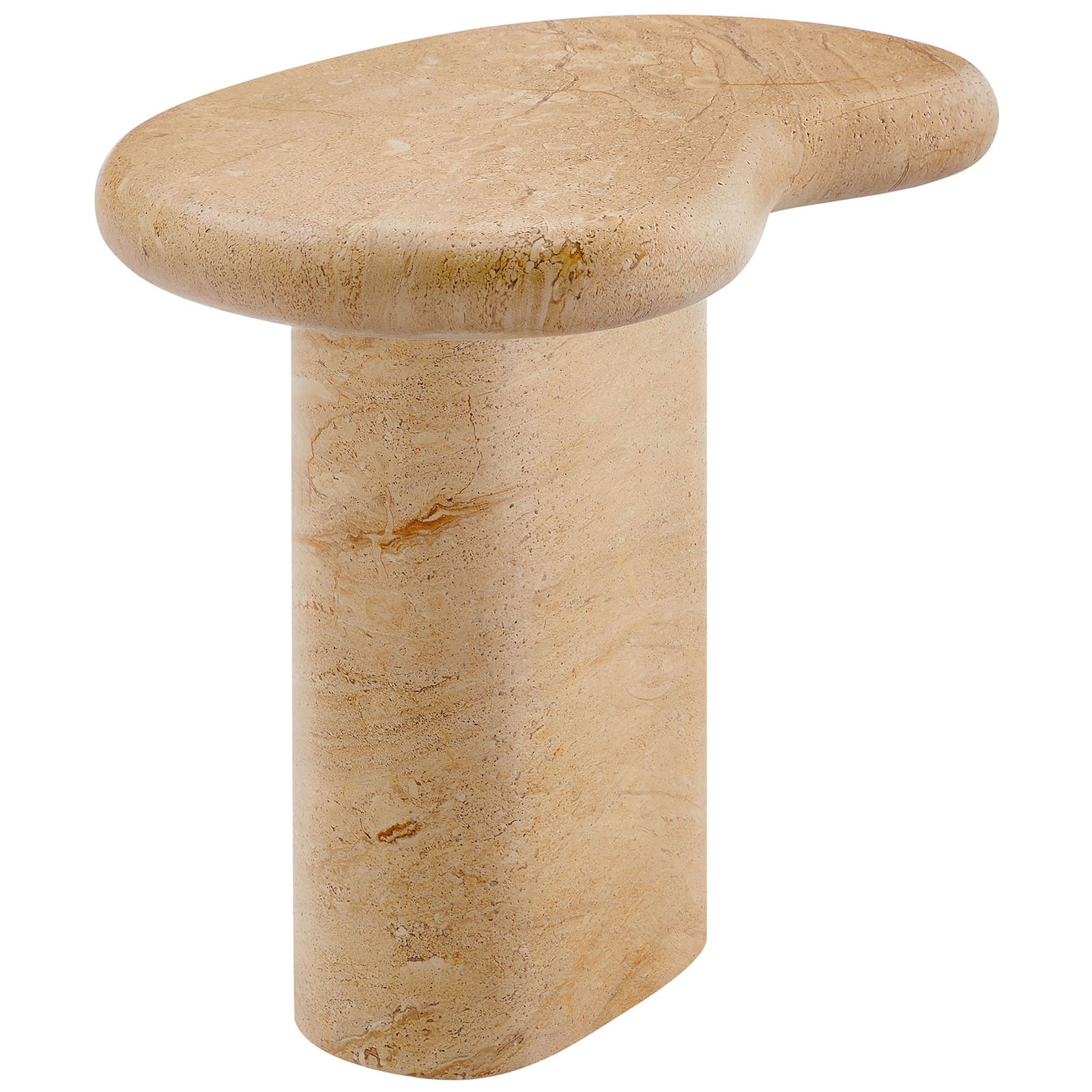 Modern faux travertine accent table showcasing its organic curves and cylindrical pedestal column || EEI-7094-TRV || front_angle_studio