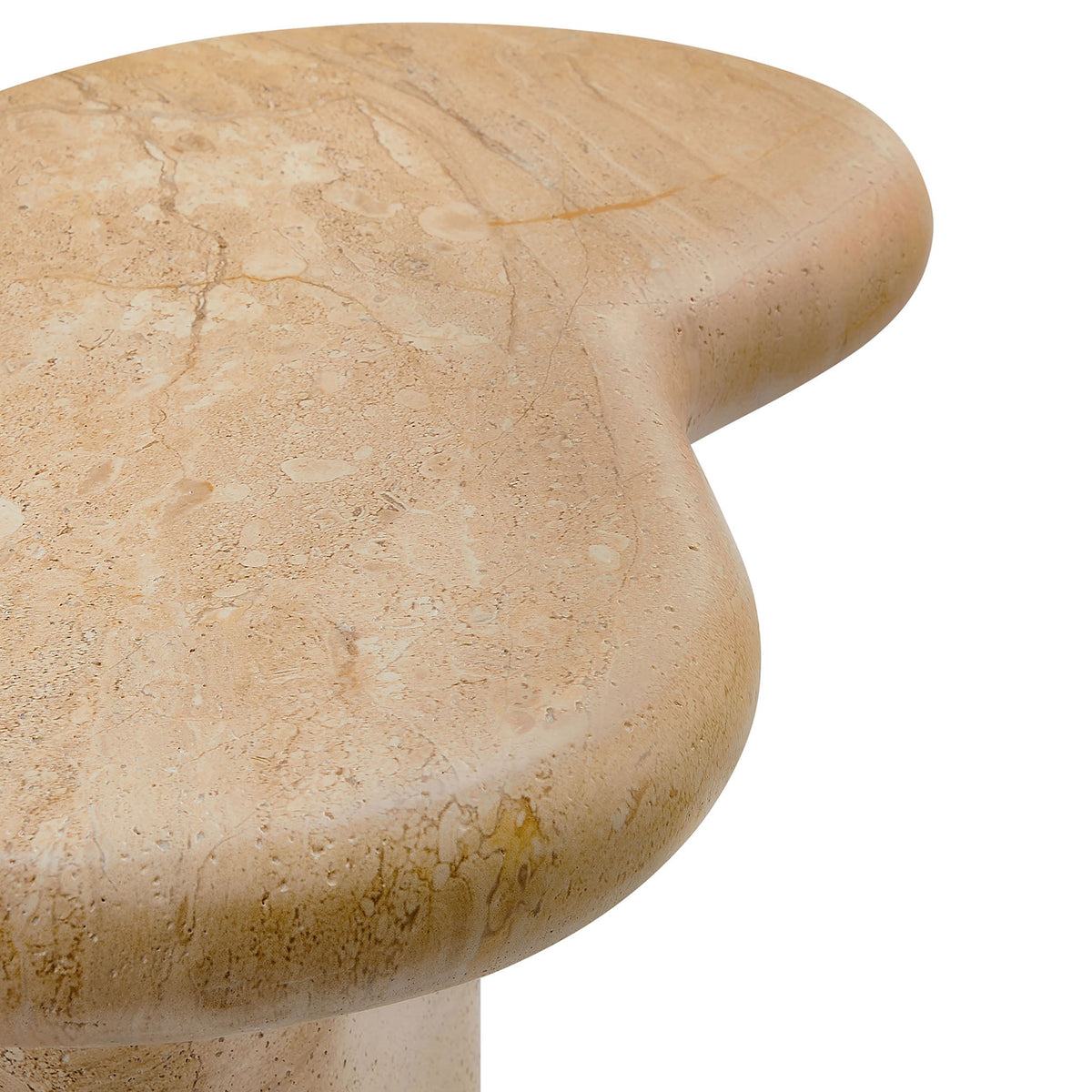 Textured faux travertine surface and softly rounded edge showing the table's sculptural organic form || EEI-7094-TRV || detail_studio