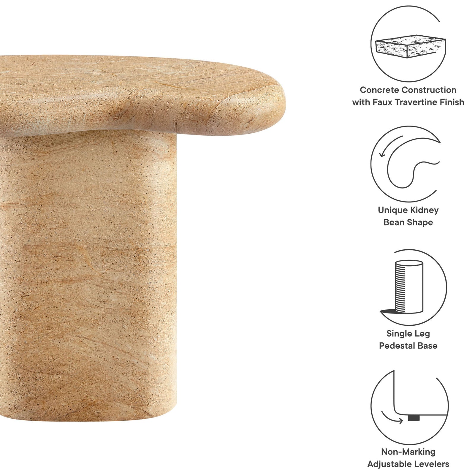 Feature graphic highlighting concrete construction, kidney-bean shape, pedestal base, and non-marking levelers || EEI-7094-TRV || callout_studio